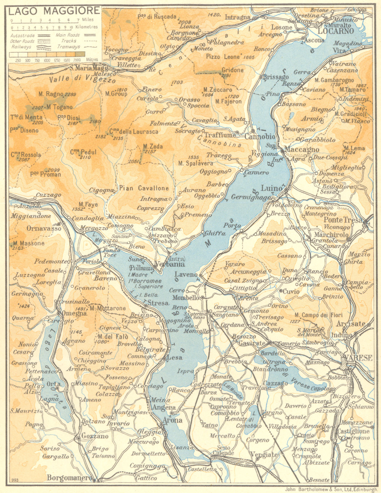 Lake/Lago di Maggiore 1953 old vintage map plan chart