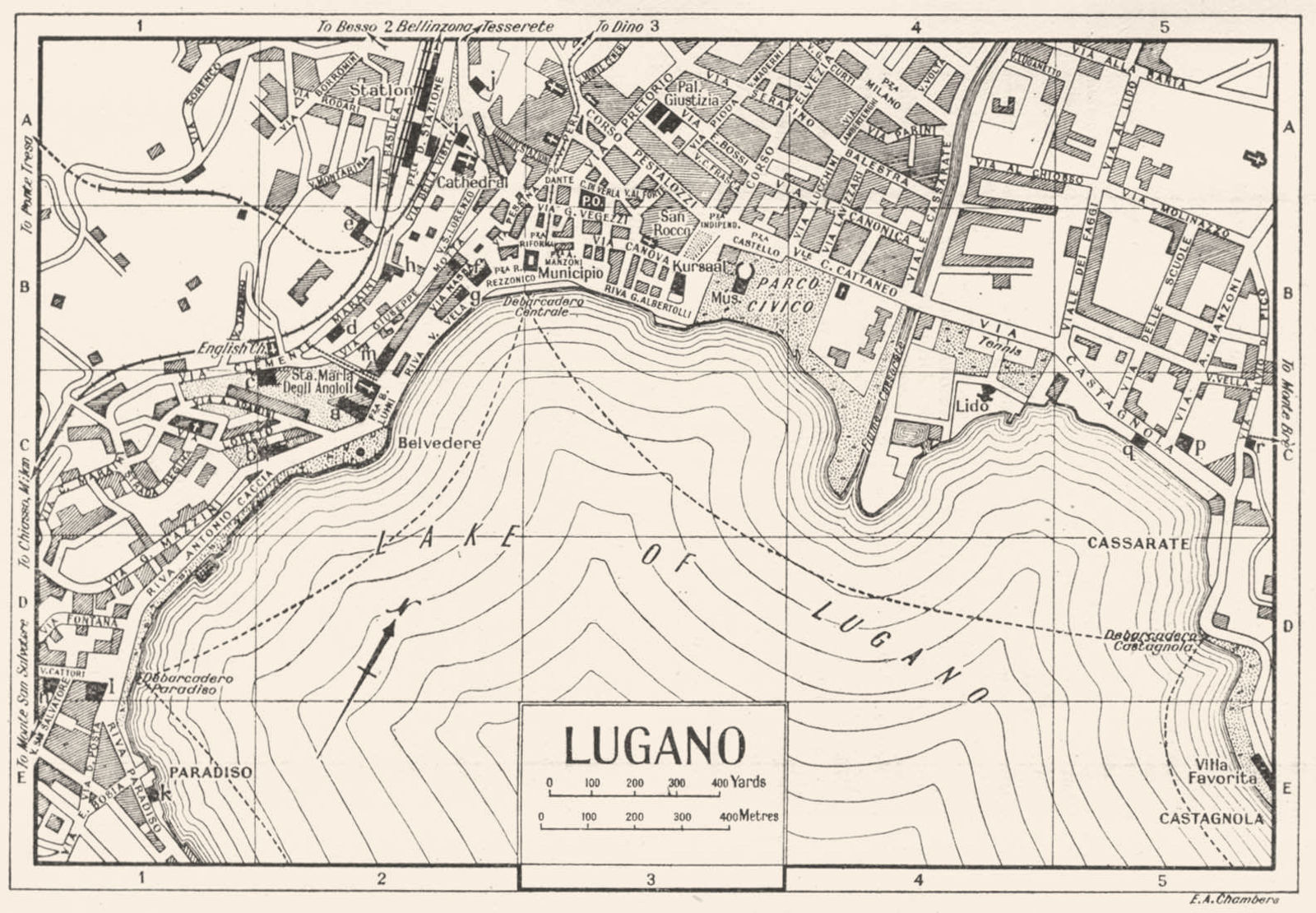LUGANO town/city plan. Italy 1953 old vintage map chart