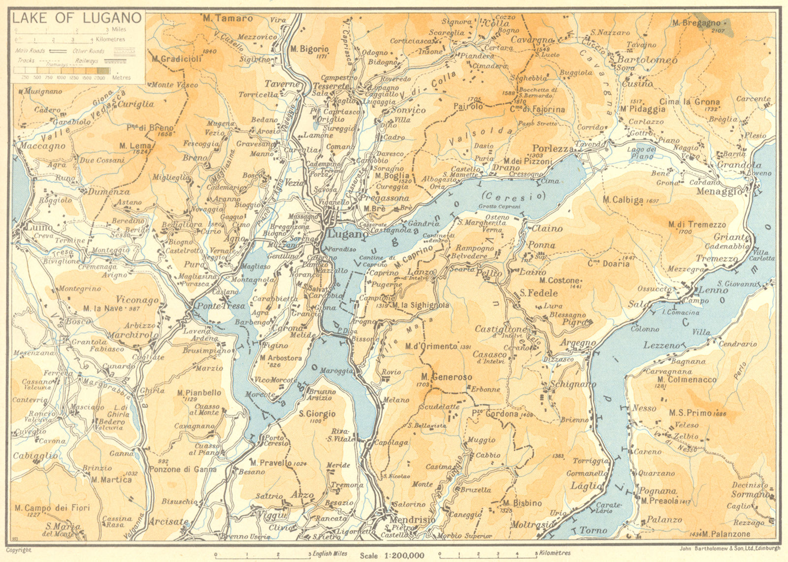 Lake/Lago di Lugano 1953 old vintage map plan chart