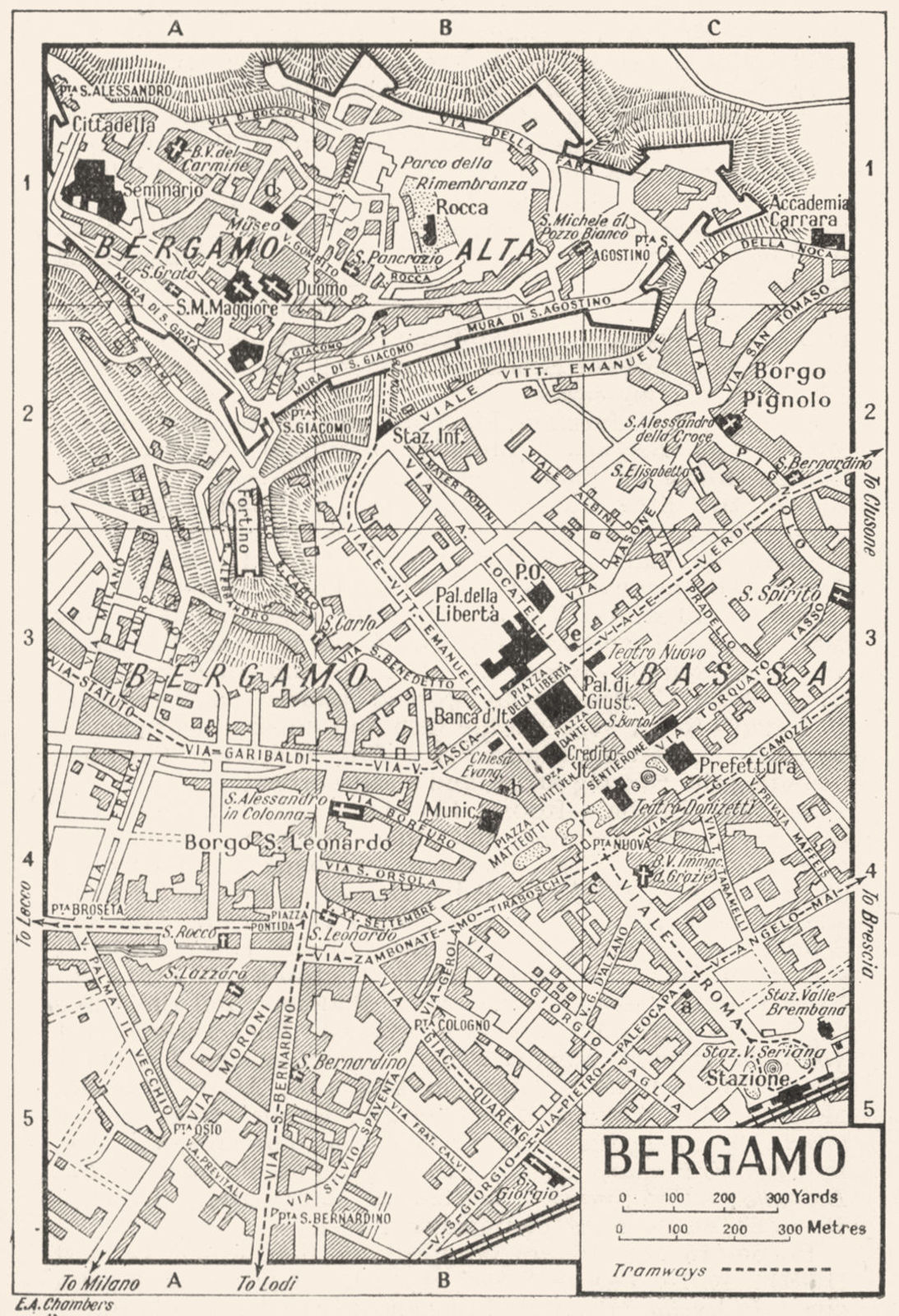 BERGAMO town/city plan. Italy 1953 old vintage map chart