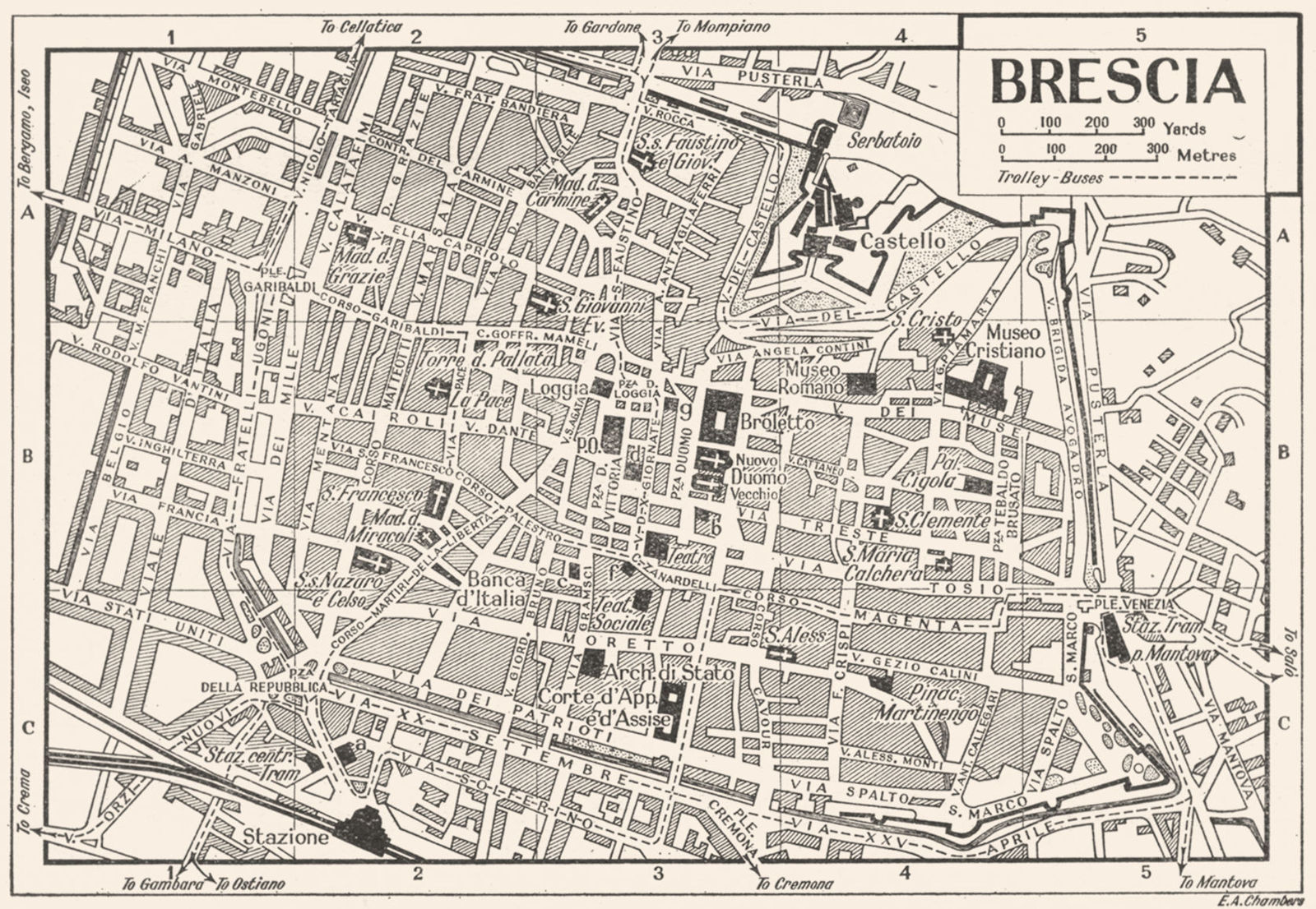 BRESCIA town/city plan. Italy 1953 old vintage map chart