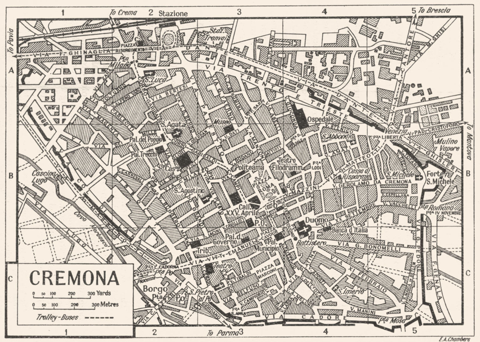 CREMONA town/city plan. Italy 1953 old vintage map chart