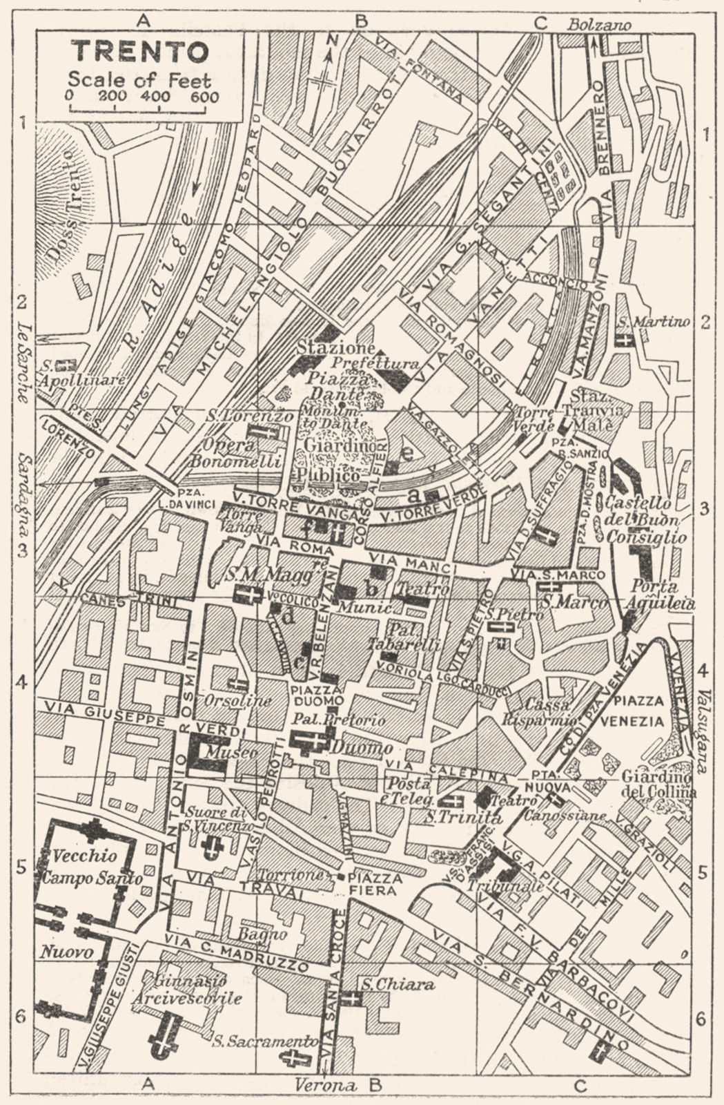 TRENTO town/city plan. Italy 1953 old vintage map chart