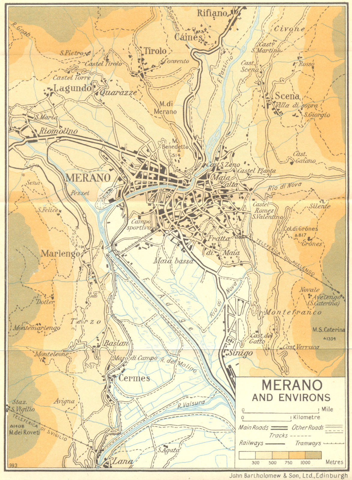 Associate Product Merano and Environs   1953 old vintage map plan chart