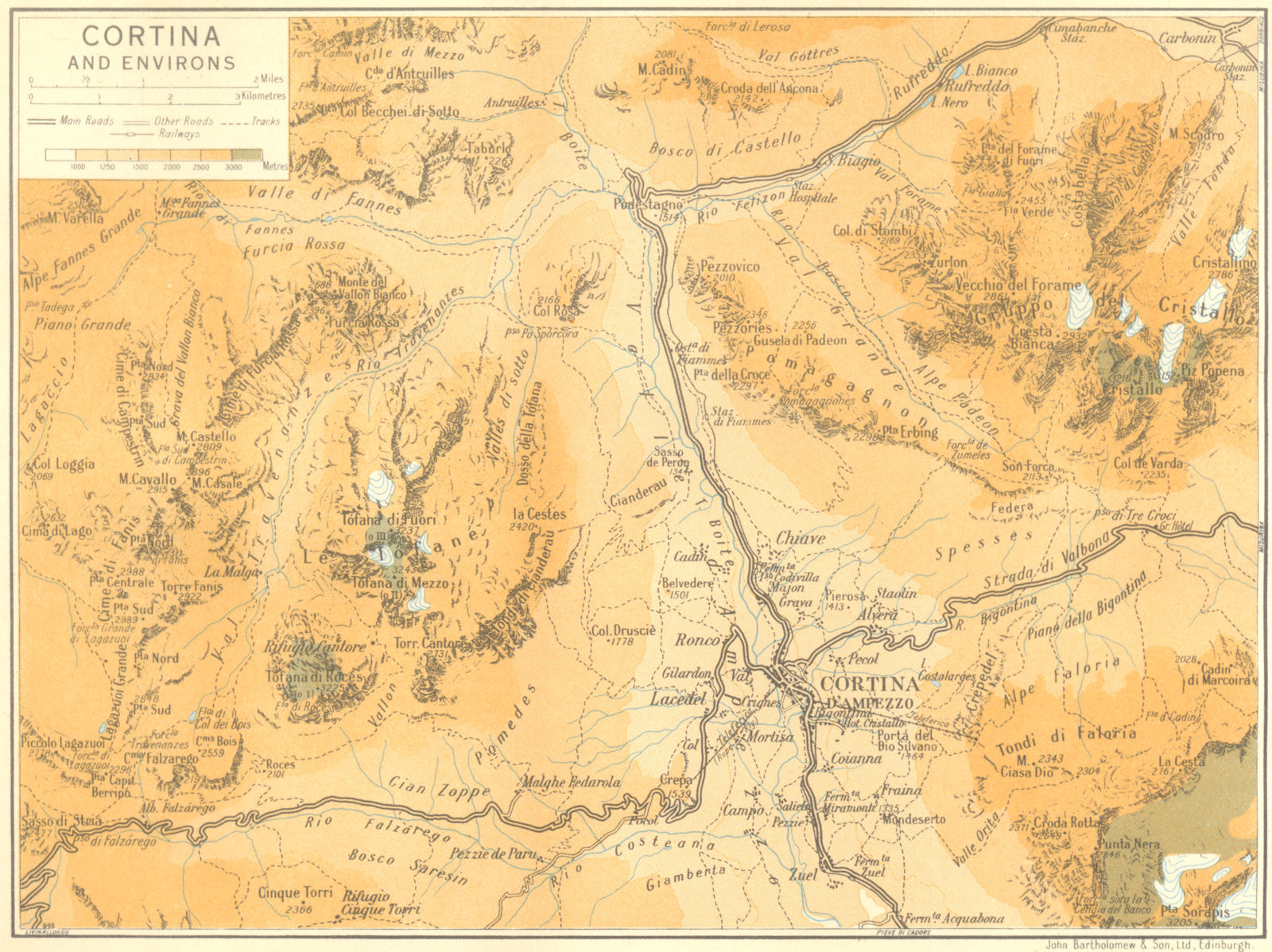 Cortina and Environs. Dolomites 1953 old vintage map plan chart