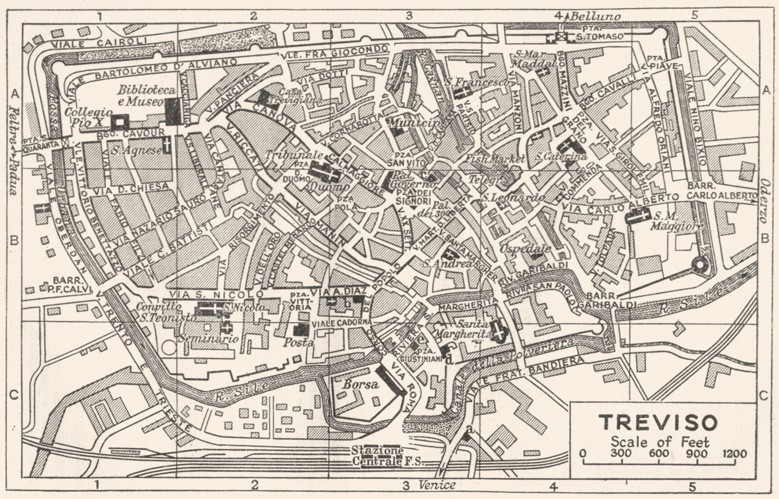 TREVISO town/city plan. Italy 1953 old vintage map chart