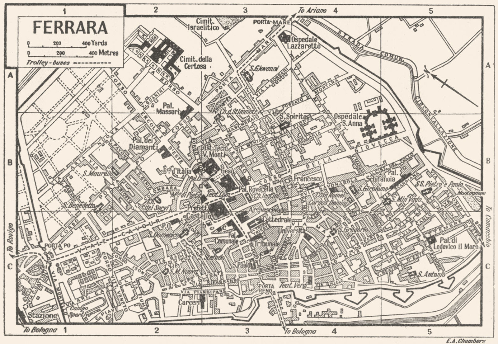 FERRARA town/city plan. Italy 1953 old vintage map chart