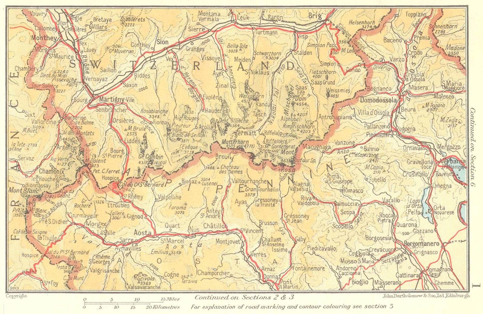 Alpi Pennine Alps. Valais Piedmont Aosta 1953 old vintage map plan chart