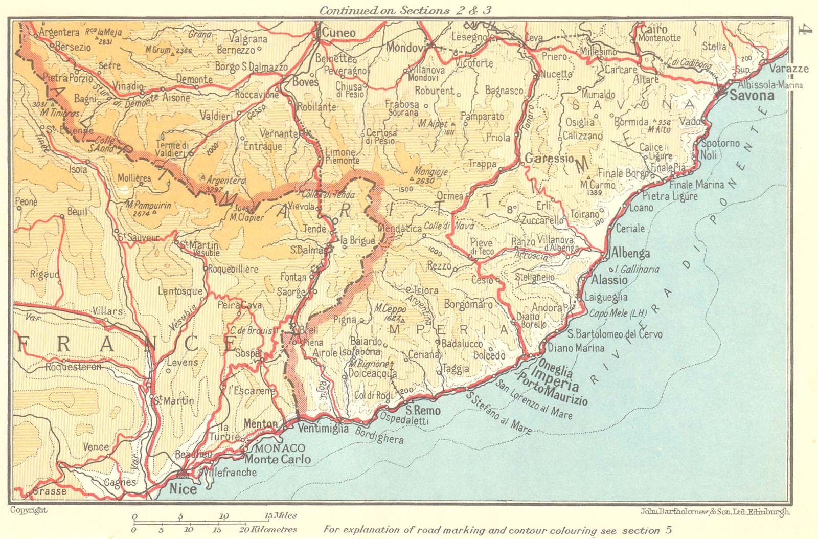 Riviera di Ponente. Côte d'Azur. Nice-Monaco-Savona 1953 old vintage map chart