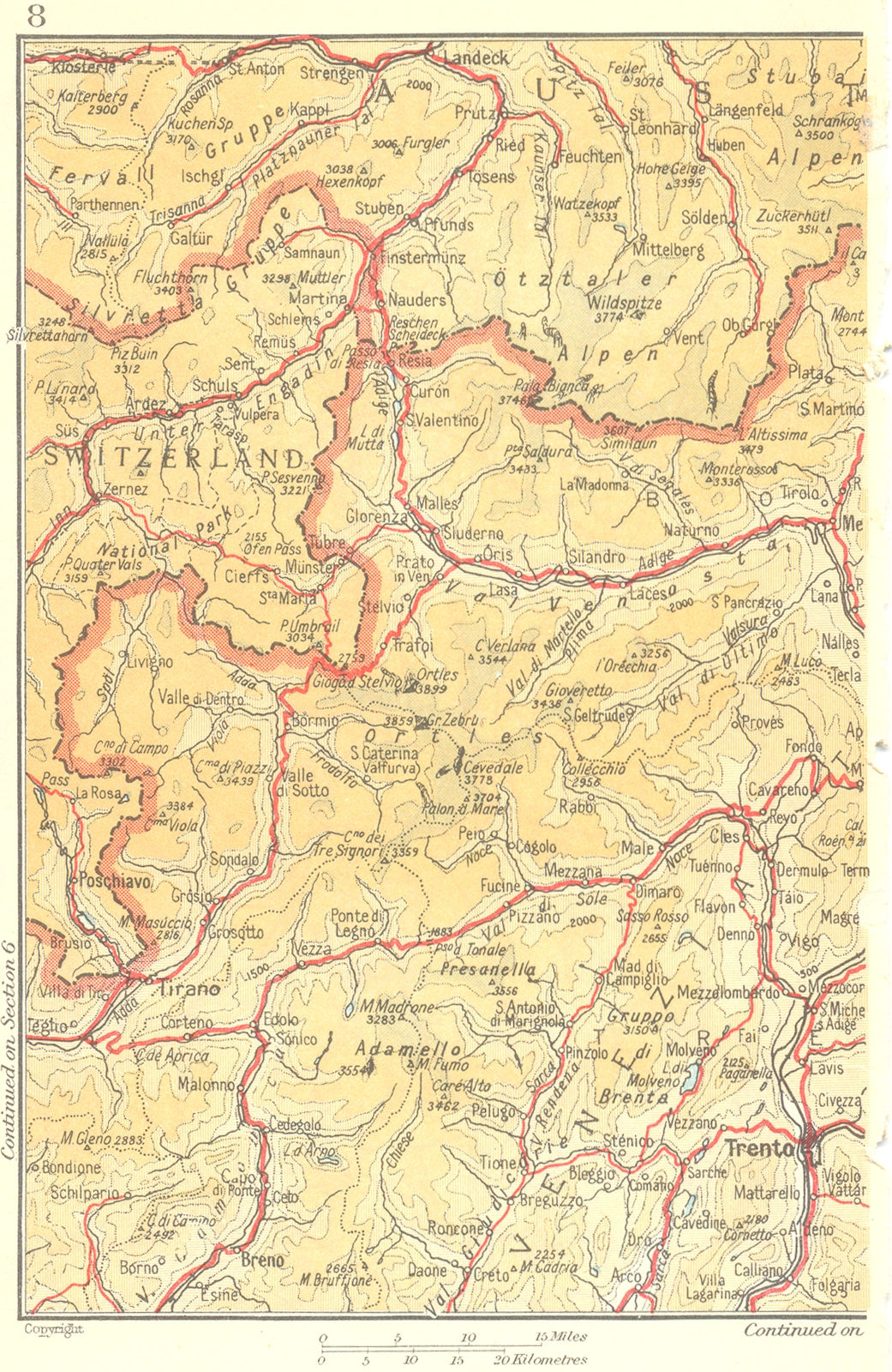 ITALY SWITZERLAND AUSTRIA. Tirano Trento 1953 old vintage map plan chart
