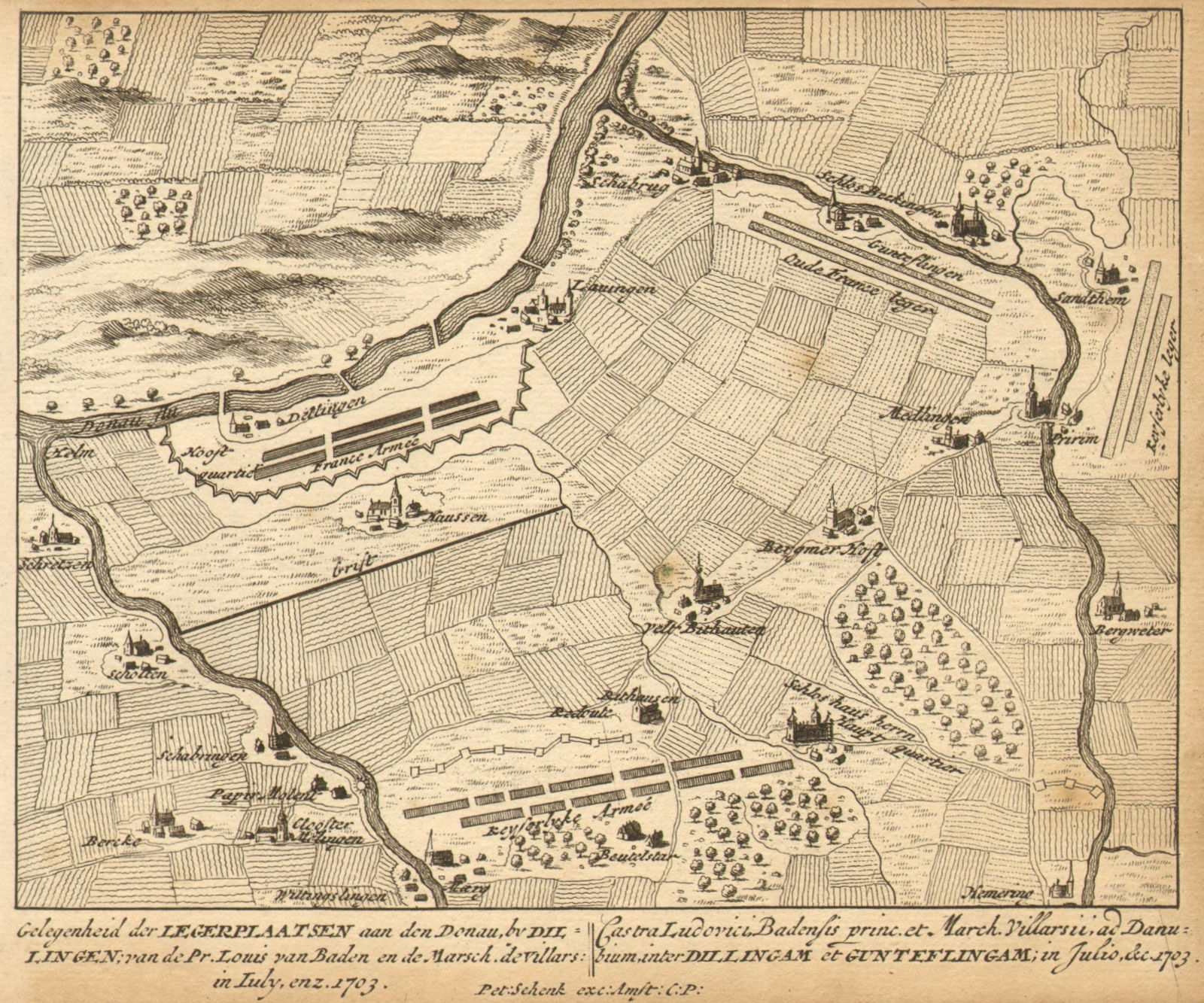 DILLINGEN LEGERPLAATS. Schenk town plan.Germany 1710 old antique map chart