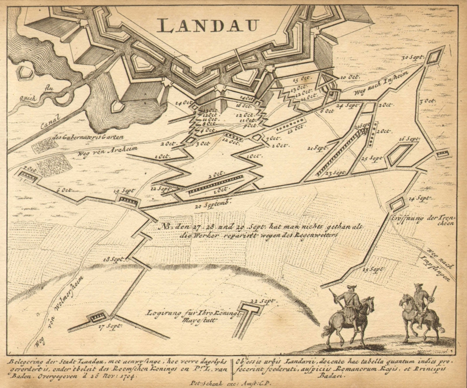 LANDAU. Town plan by Schenk. Scarce. Germany 1710 old antique map chart