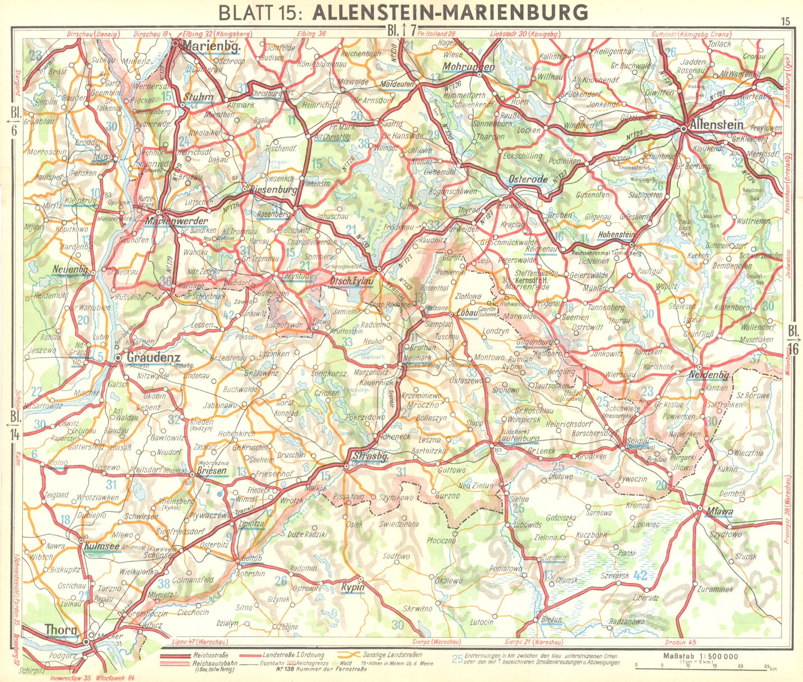 GERMANY. Allenstein-Marienburg 1936 old vintage map plan chart