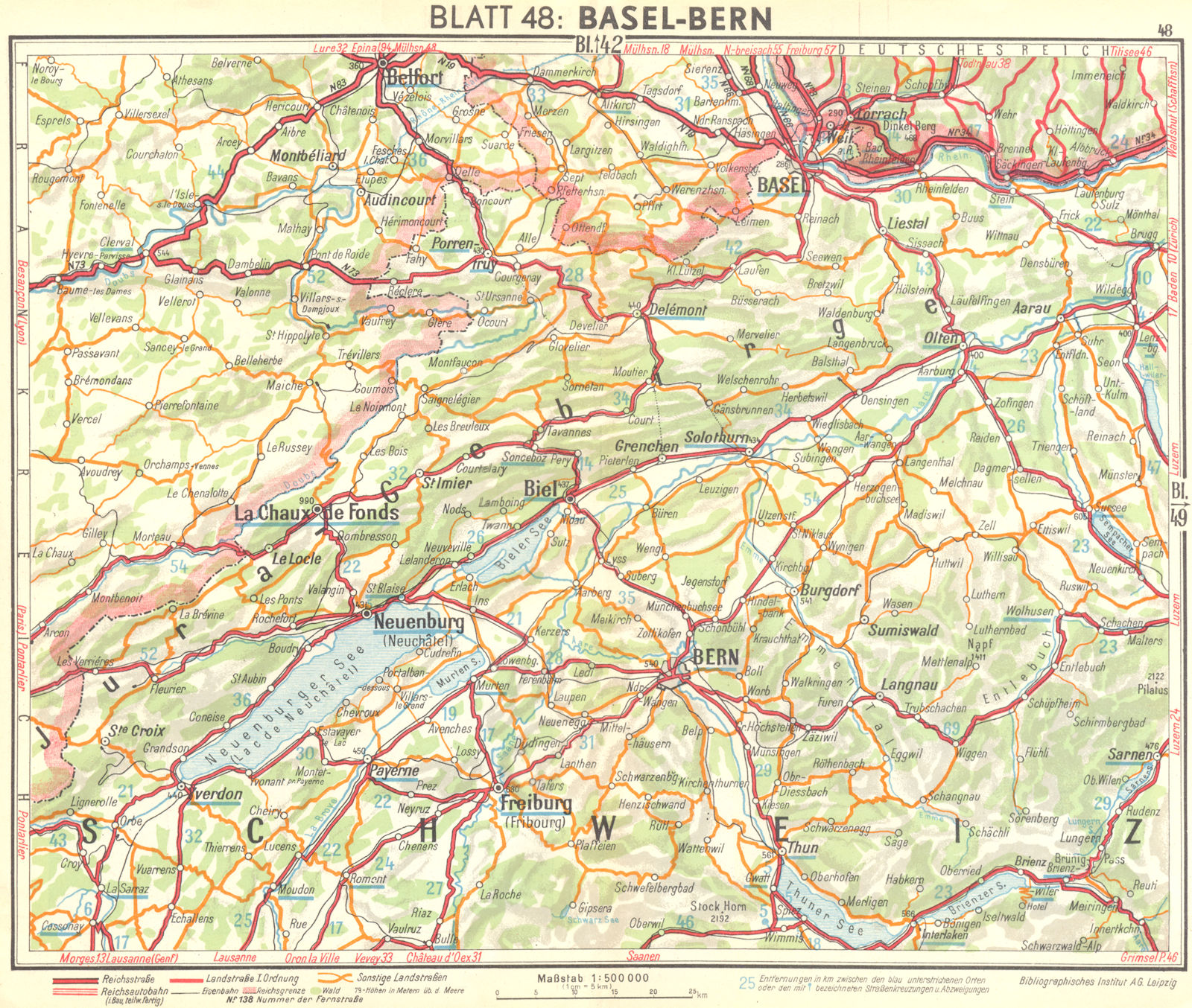 SWITZERLAND. Basel-Berne 1936 old vintage map plan chart