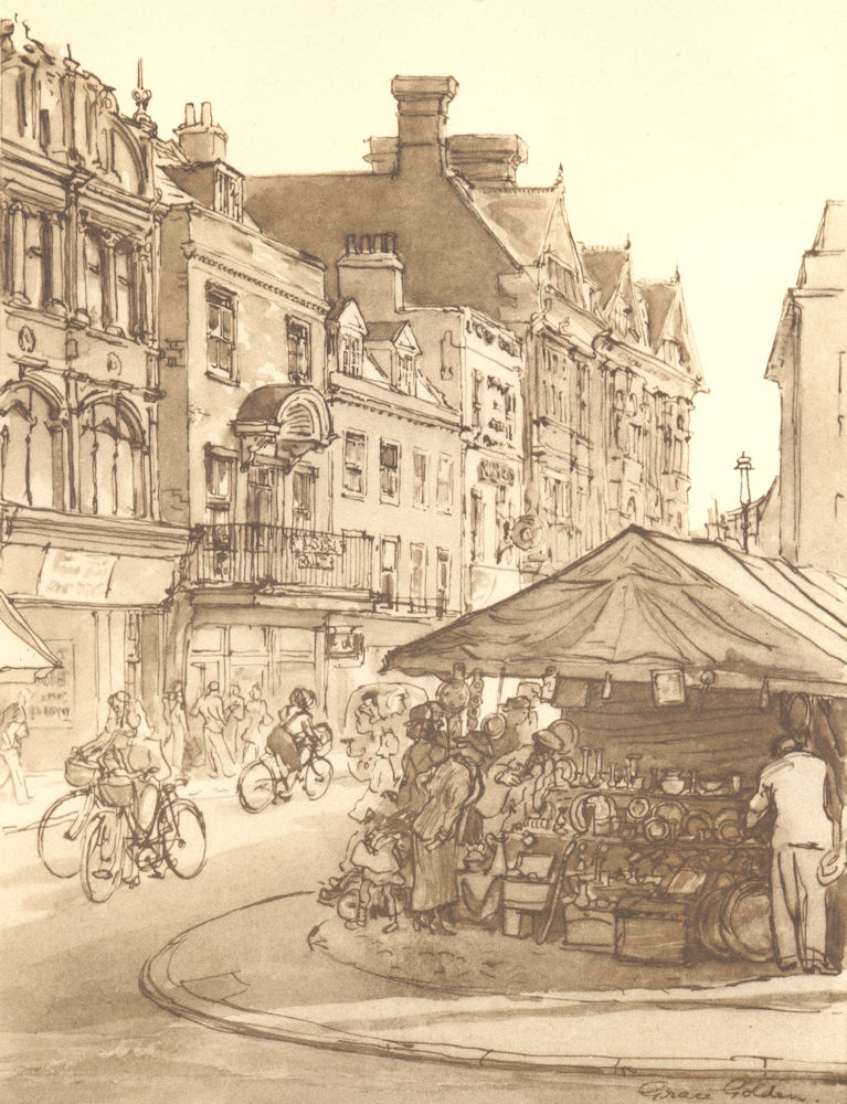 CAMBRIDGE. Market Hill. Cambridgeshire. By Grace Golden 1947 vintage print