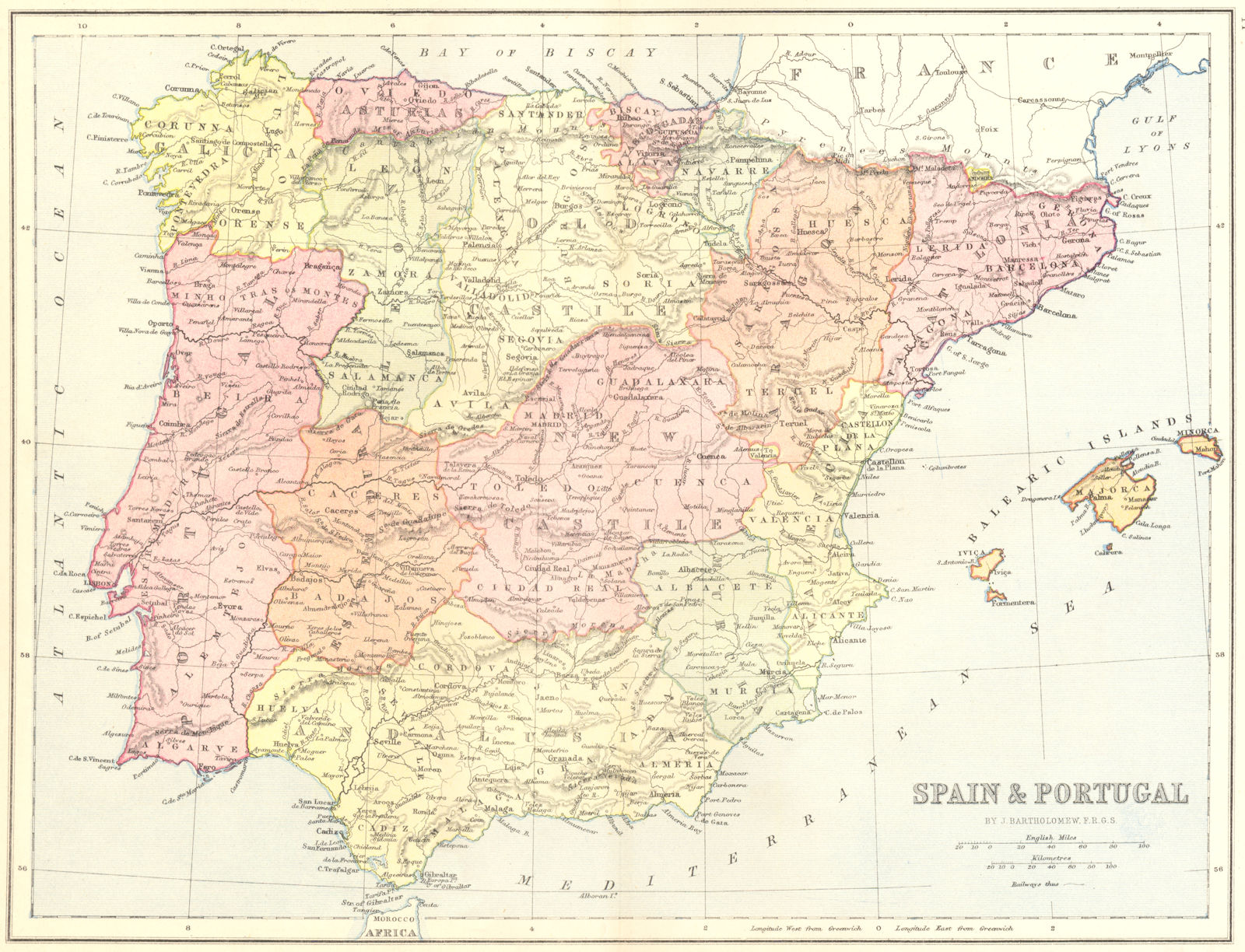 SPAIN. & Portugal 1870 old antique vintage map plan chart