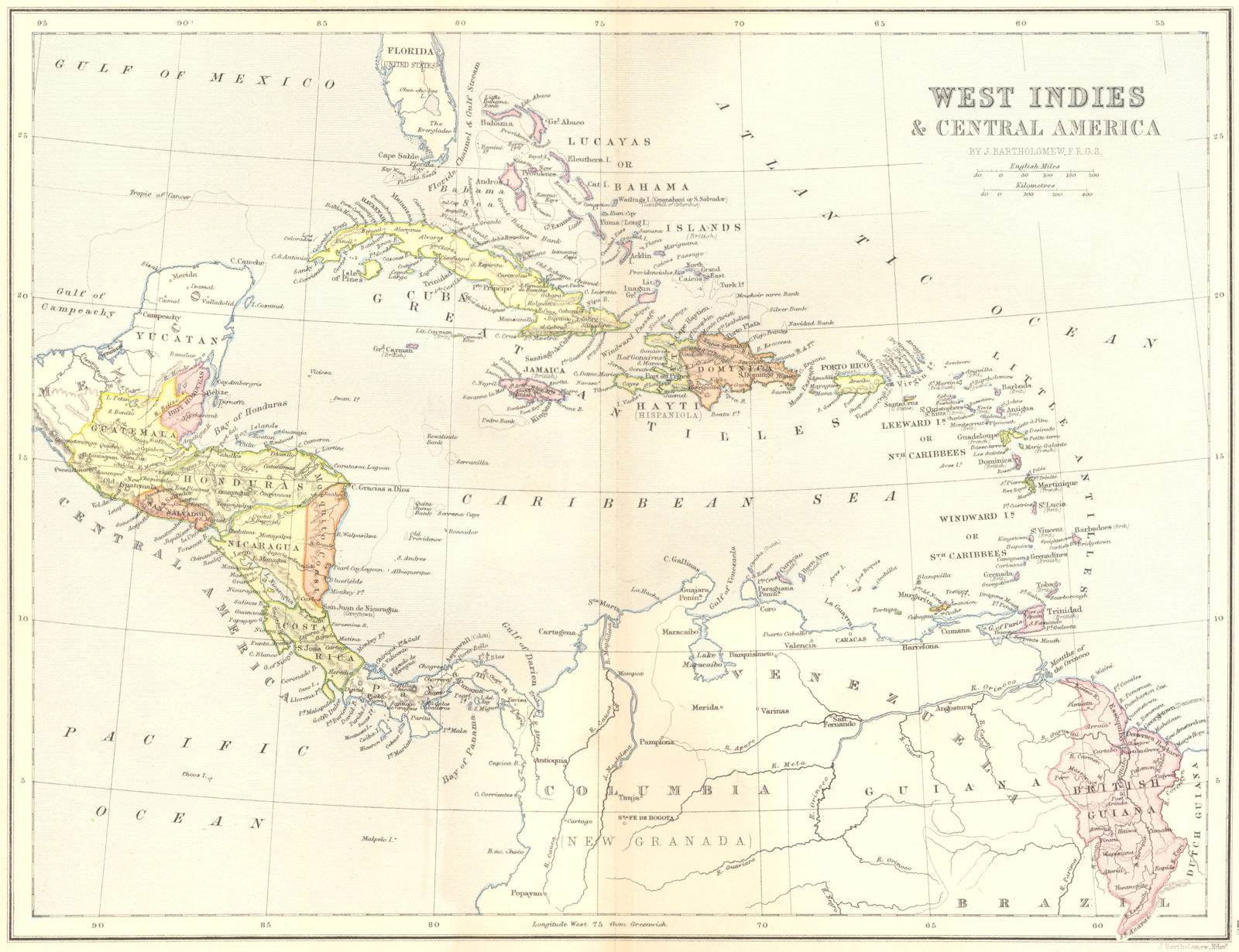 WEST INDIES. & Central America 1870 old antique vintage map plan chart