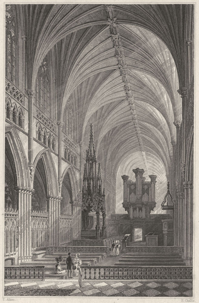 DEVON. Interior of Exeter Cathedral 1829 old antique vintage print picture