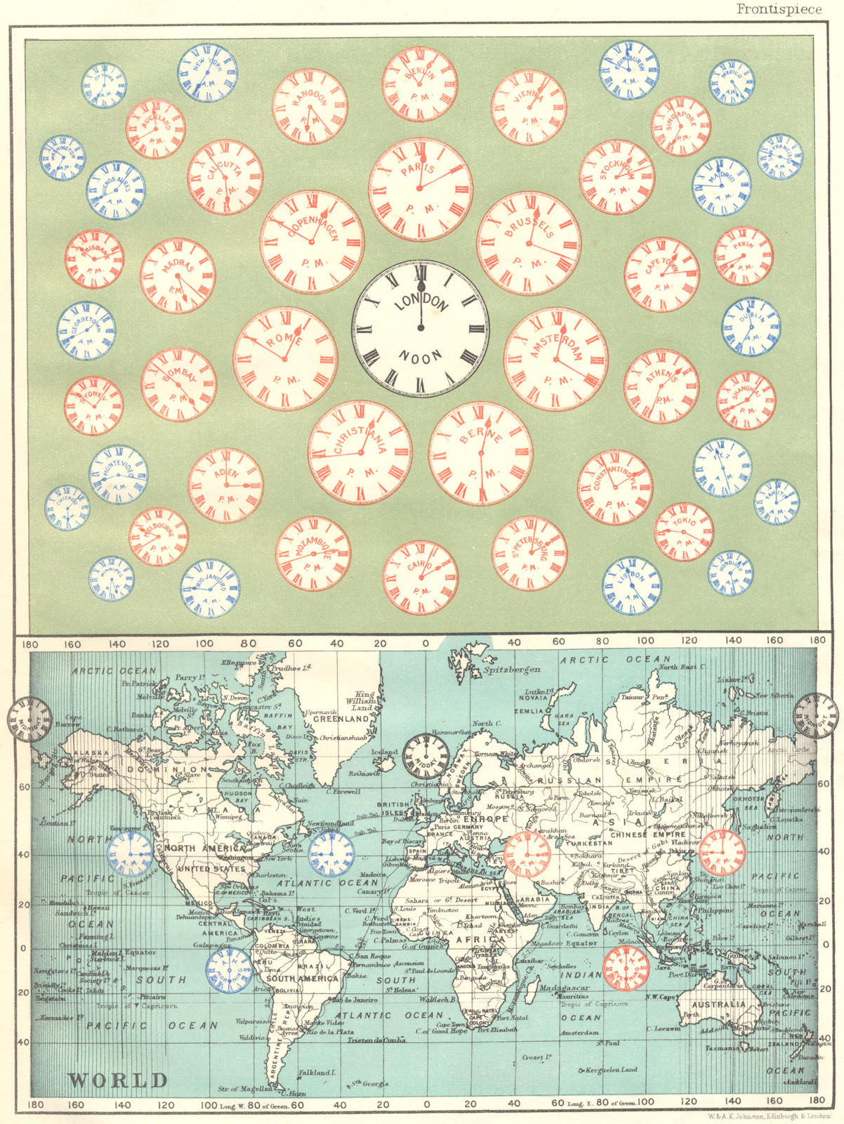 Associate Product TIME OF ALL NATIONS. predates UTC/standard hourly time zones. JOHNSTON 1899 map