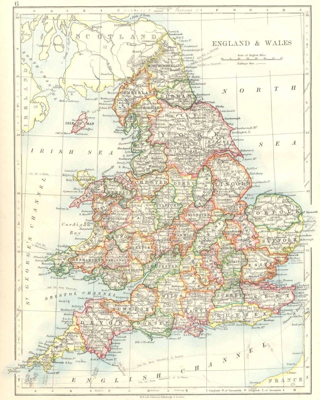ENGLAND AND WALES. Counties. Westmoreland. Telegraph cables. JOHNSTON 1899 map