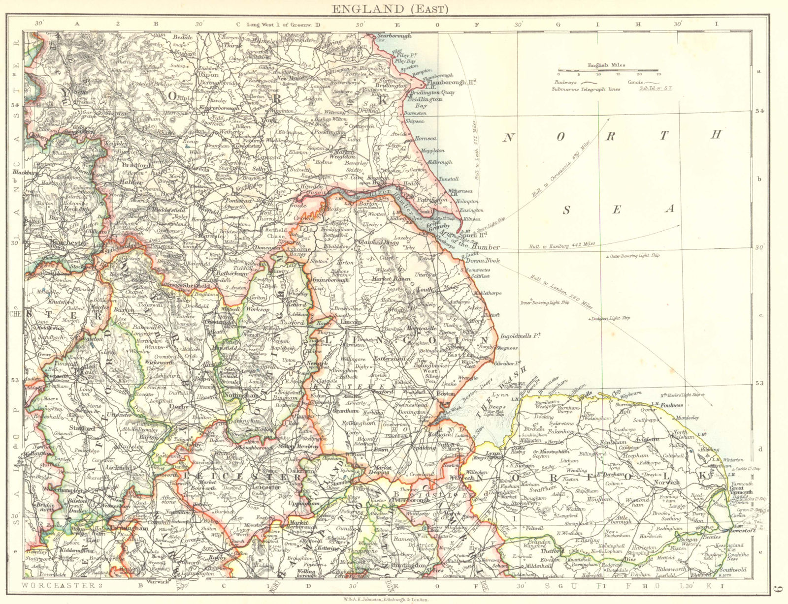 EAST ENGLAND. Lincs Norfolk Leics Notts Staffs Derbys Yorks. JOHNSTON 1899 map