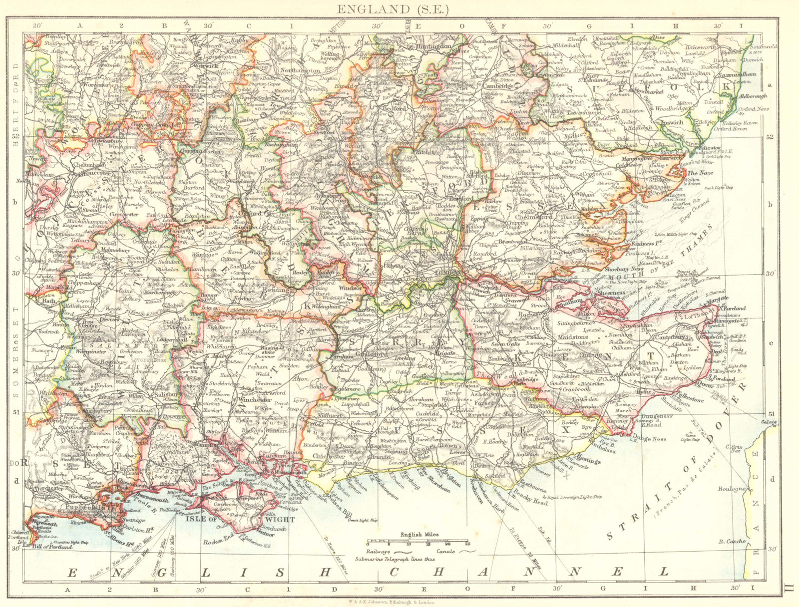 SOUTH EAST ENGLAND. Home counties. Thames valley & estuary. JOHNSTON 1899 map