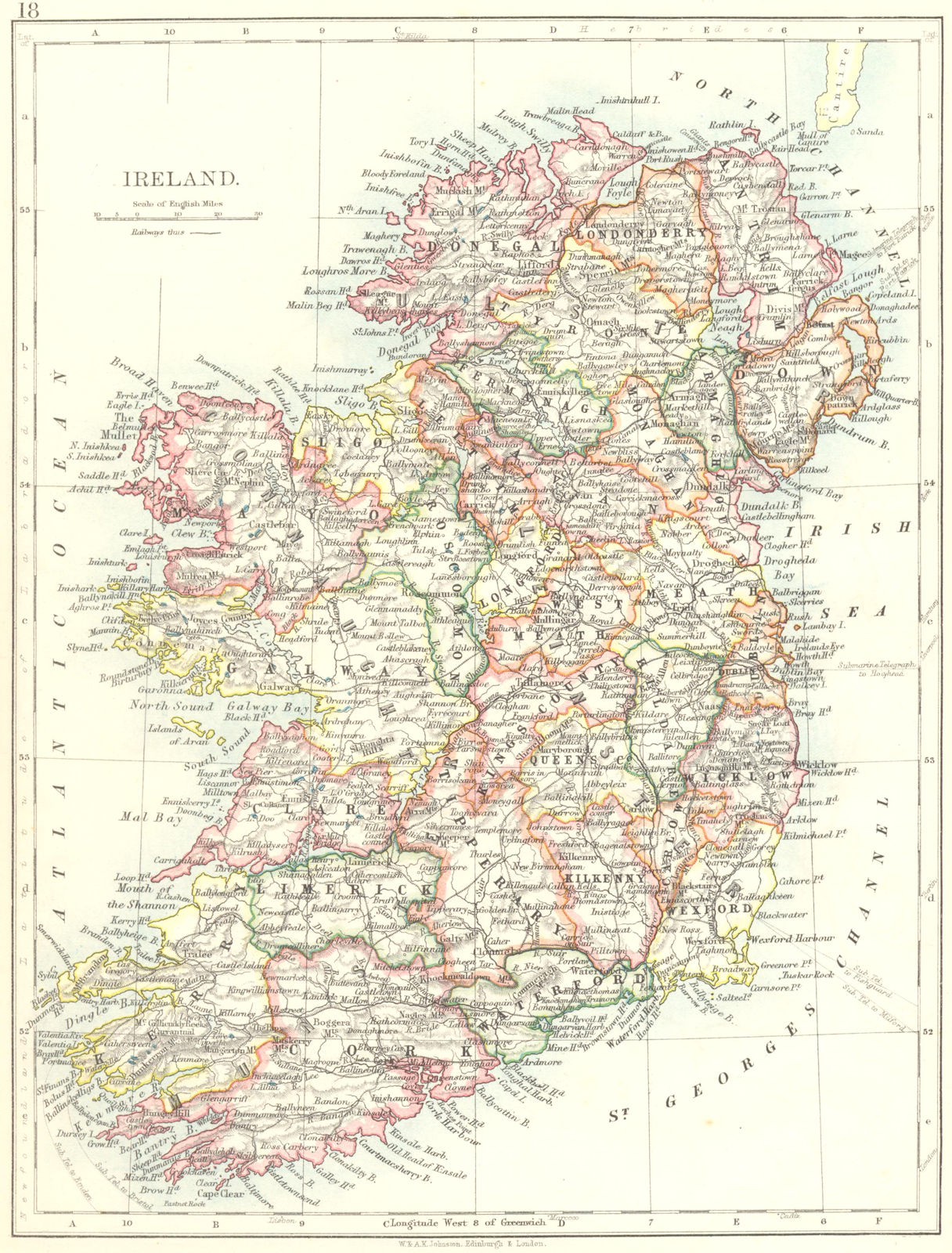 IRELAND. Showing counties. Undersea telegraph cables. JOHNSTON 1899 old map