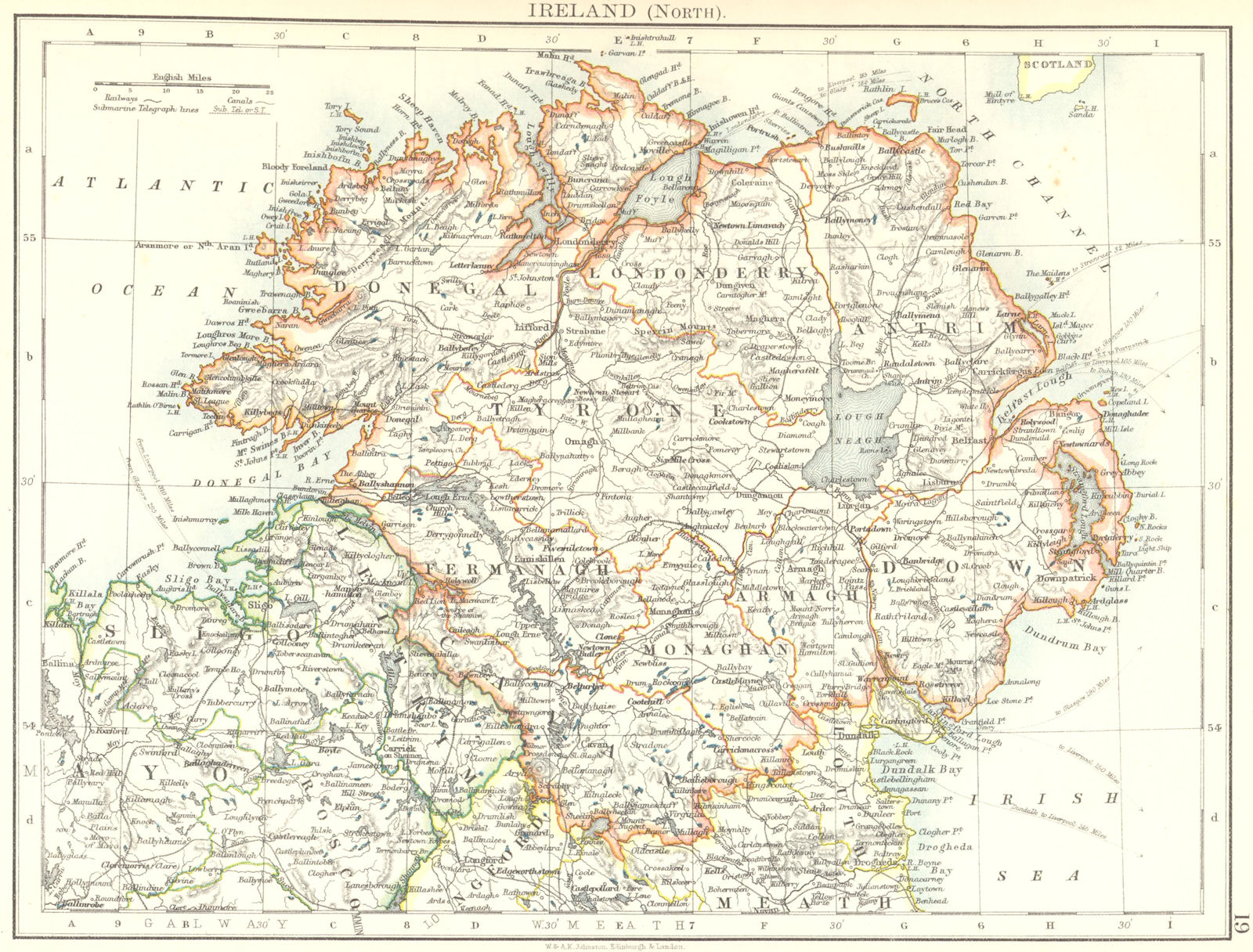 ULSTER. Antrim Down Armagh Cavan Tyrone &c. Northern Ireland. JOHNSTON 1899 map