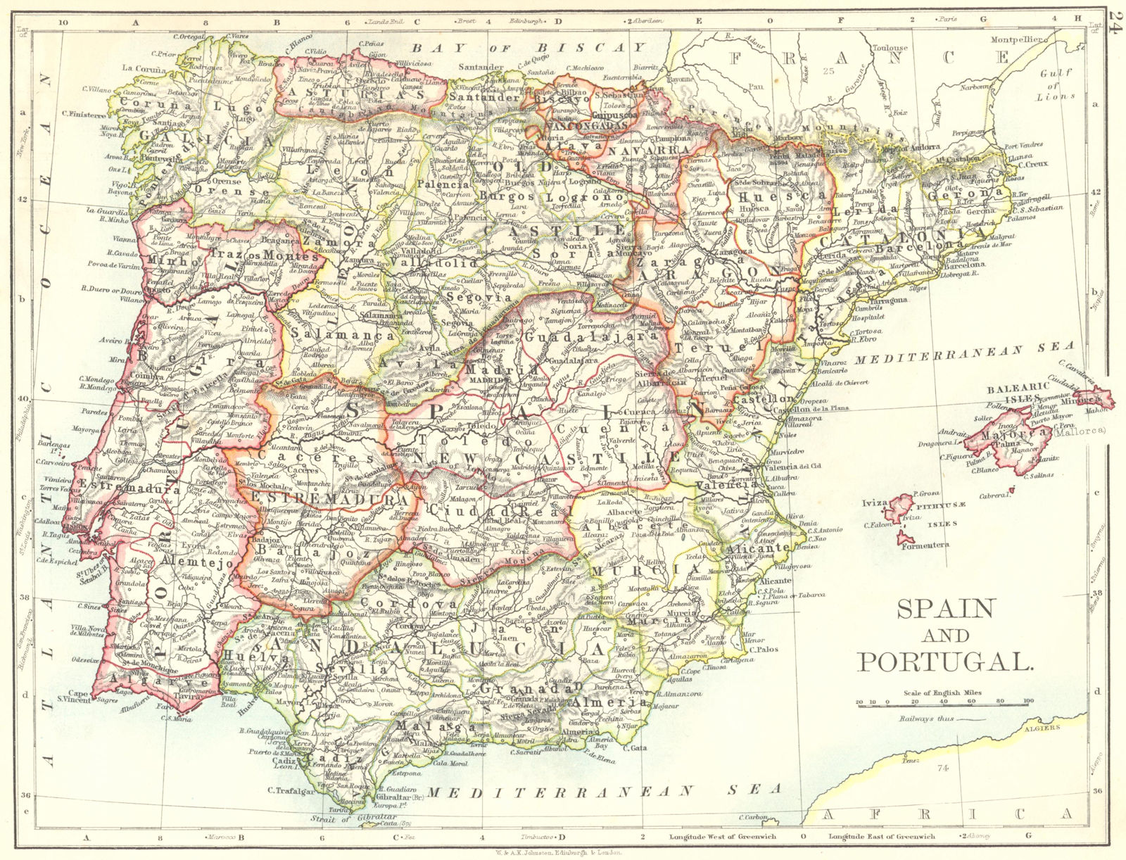SPAIN AND PORTUGAL. Iberia. Provinces railways. Balearics. JOHNSTON 1899 map