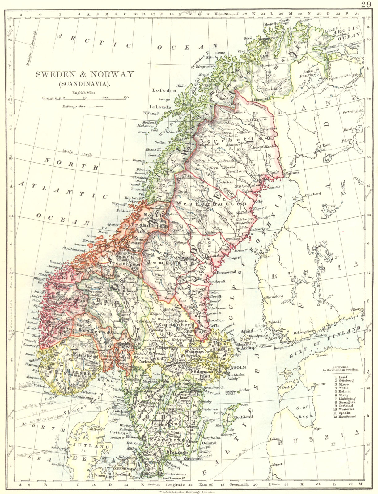 SCANDINAVIA. Sweden Norway.Railways Undersea telegraph cables.JOHNSTON 1899 map