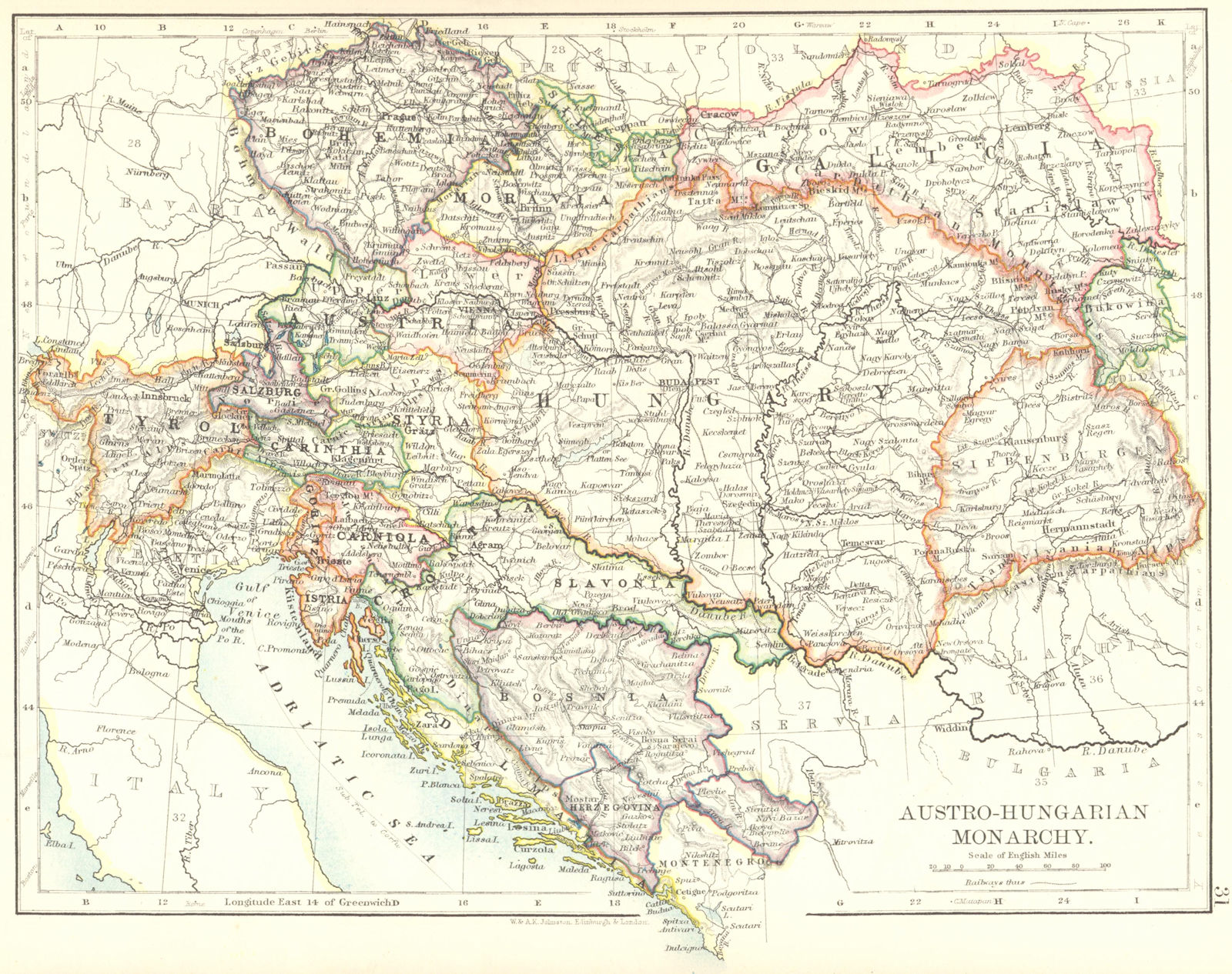 AUSTRO-HUNGARIAN MONARCHY. Dalmatia Slavonia Siebenburgen &c. JOHNSTON 1899 map