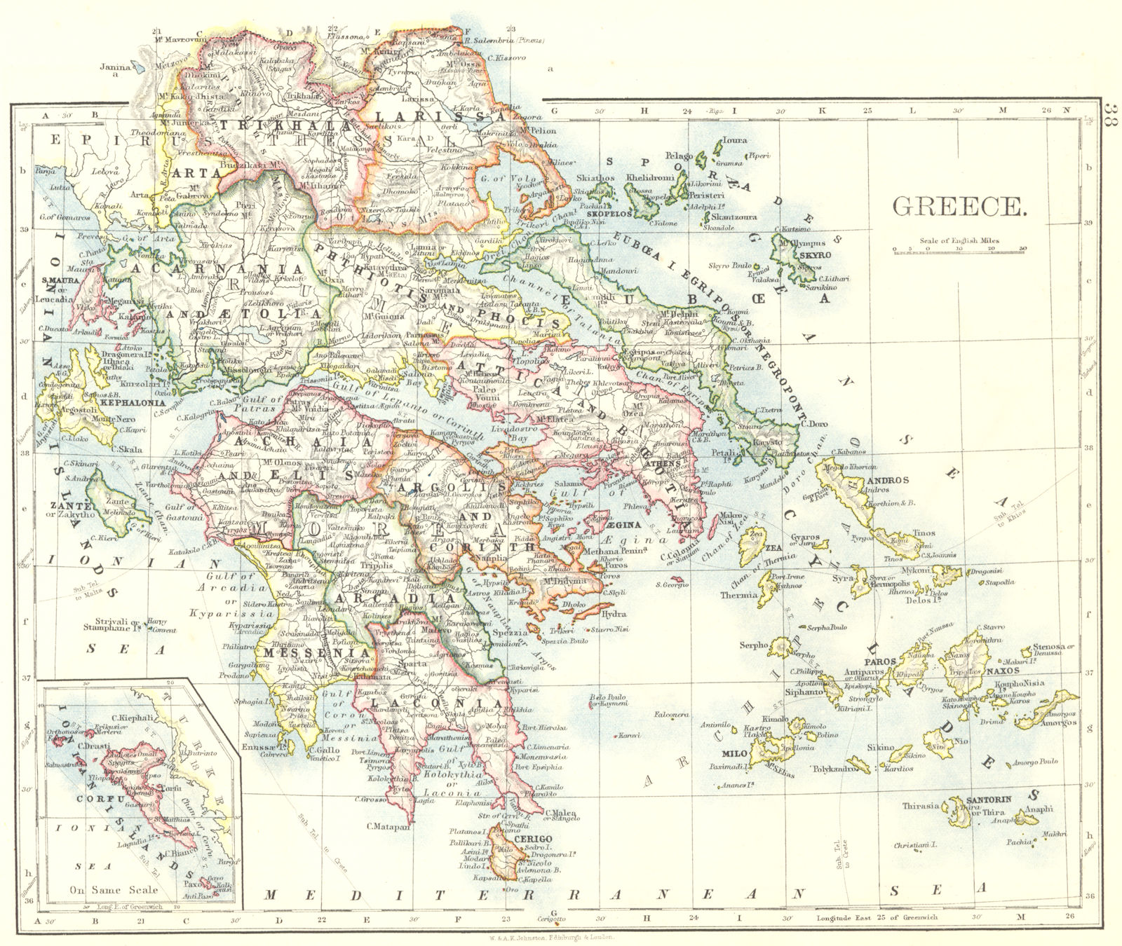 GREECE. Morea Thessaly Rumelia Cyclades Aegean Ionian Islands.JOHNSTON 1899 map