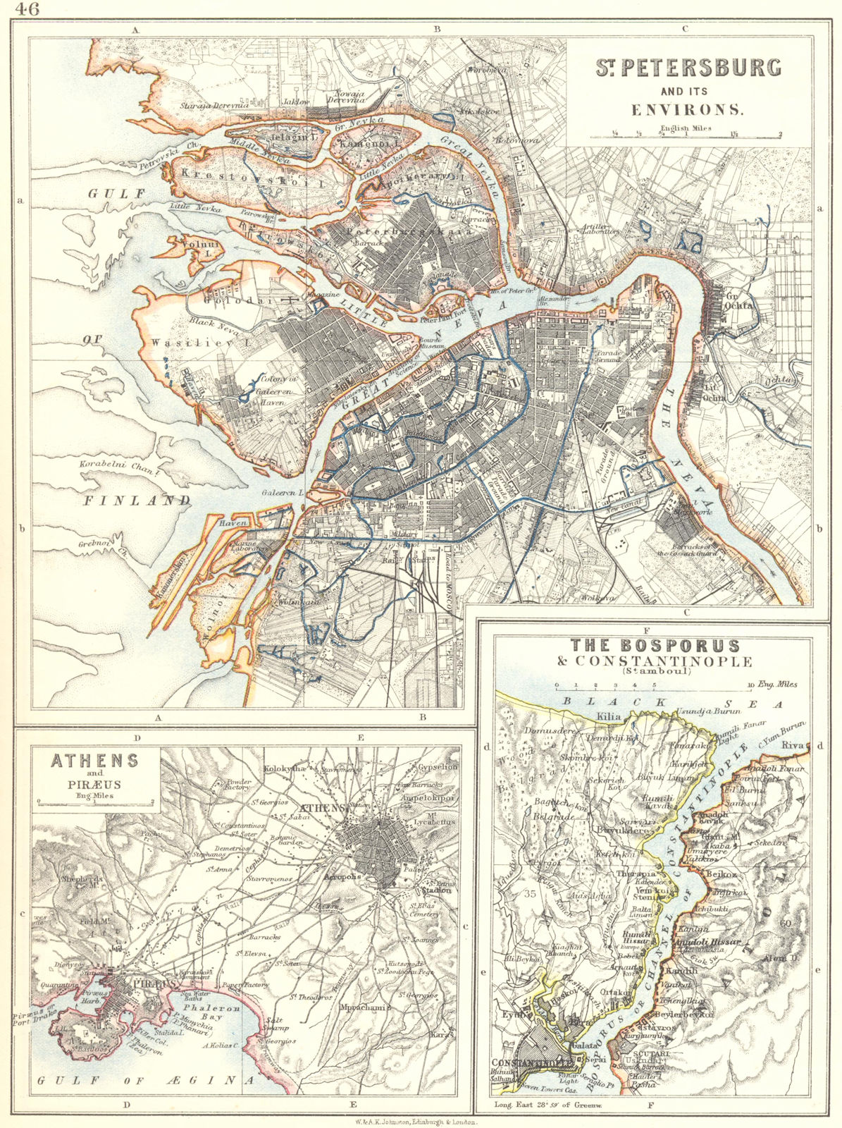 EUROPE. St Petersburg Athens Piraeus Constantinpole Bosphorus.JOHNSTON 1899 map