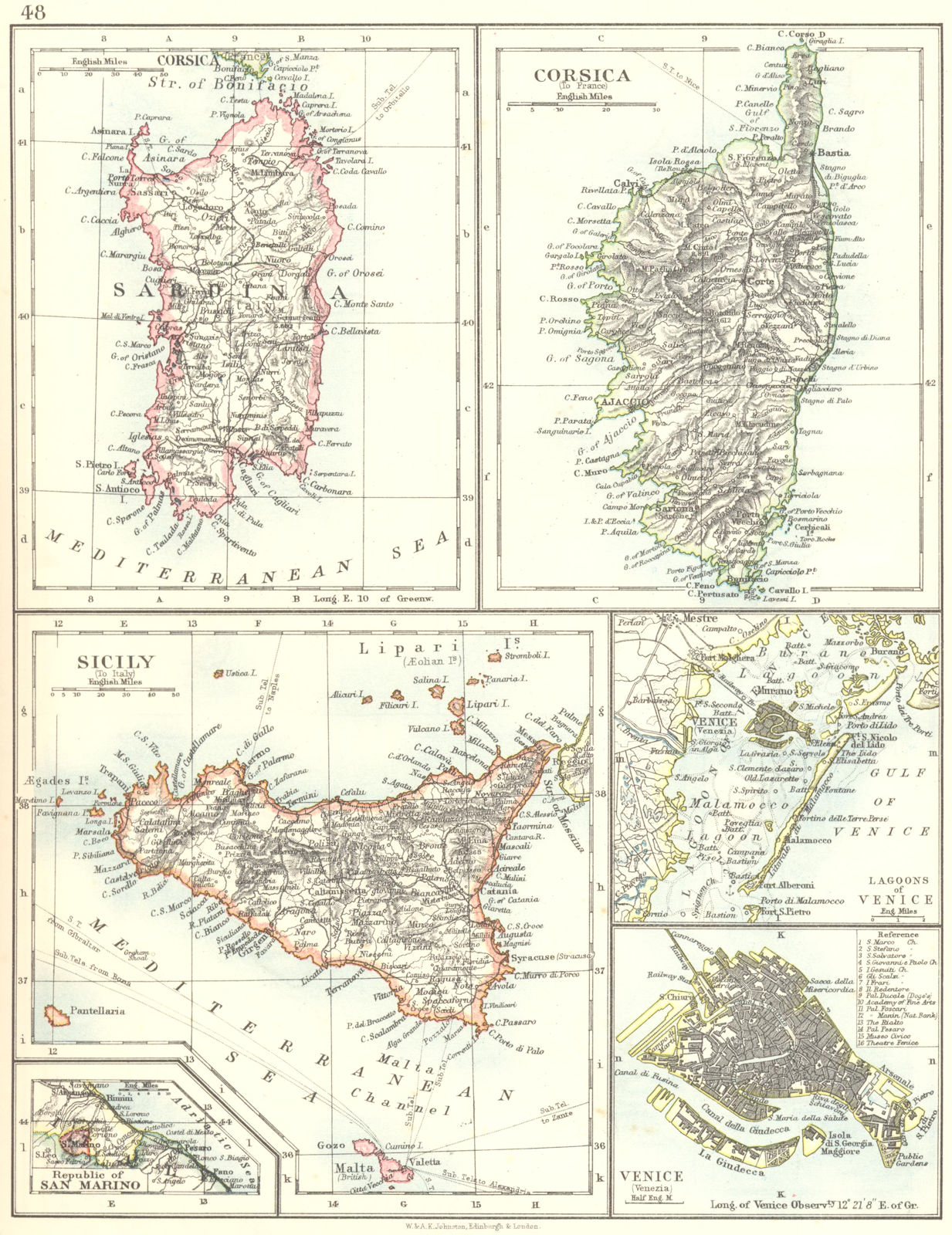 Associate Product MEDITERRANEAN ISLANDS. Sardinia Corsica Venice Sicily Venezia.JOHNSTON 1899 map