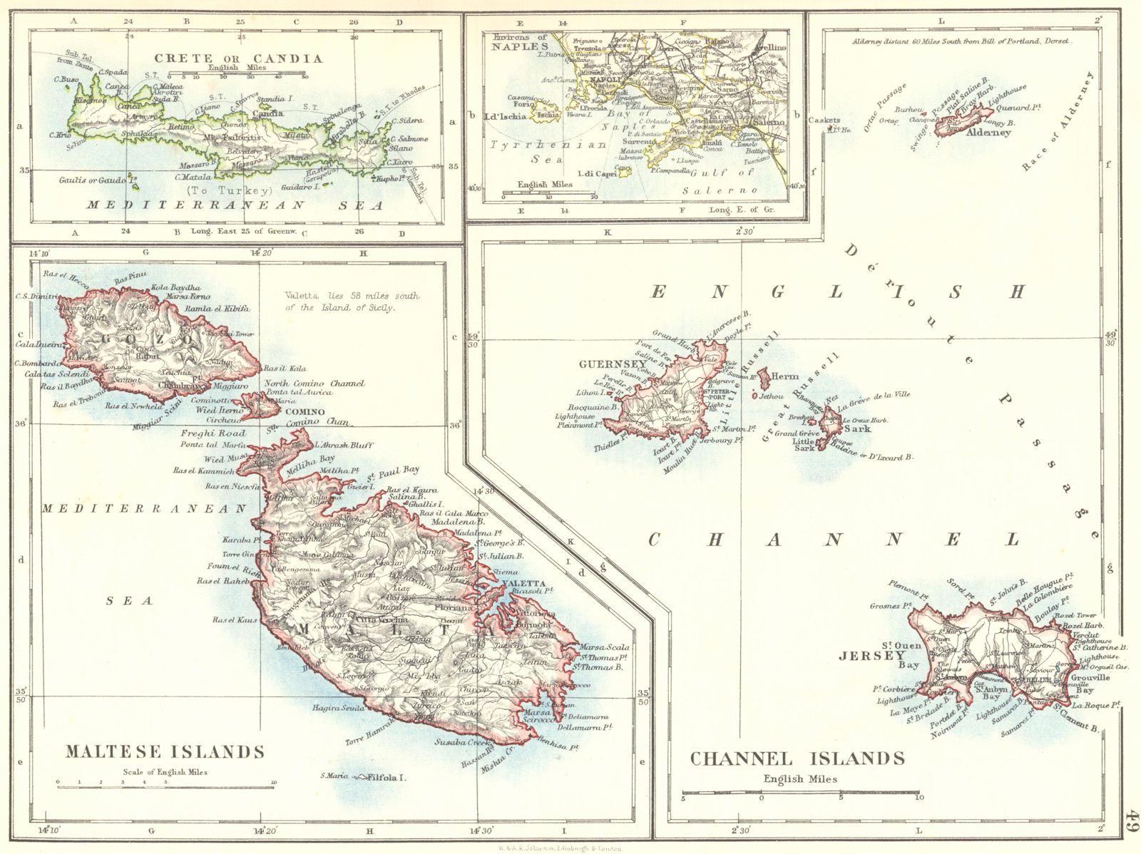 Associate Product EUROPEAN ISLANDS.Malta Gozo Crete Capri Jersey Guernsey Sark. JOHNSTON 1899 map