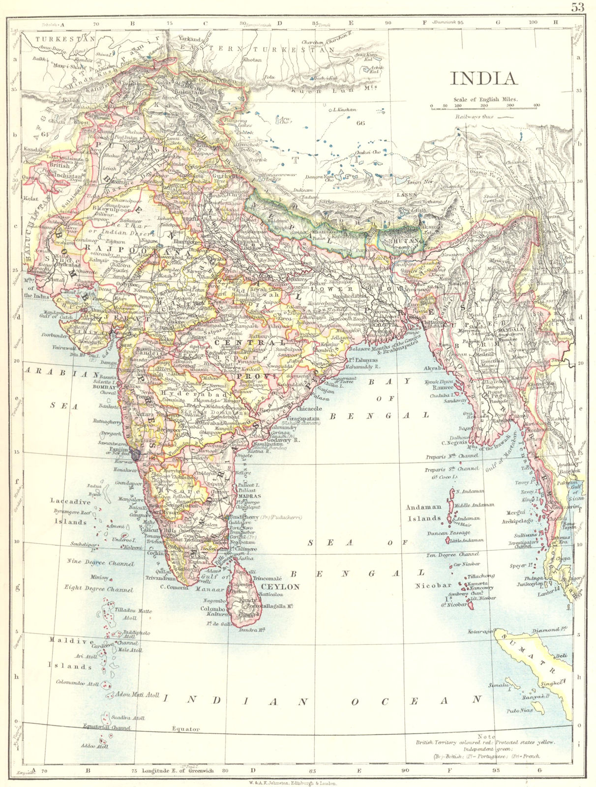 BRITISH INDIA. Showing states. Burma Nepal Bhutan Ceylon. JOHNSTON 1899 map