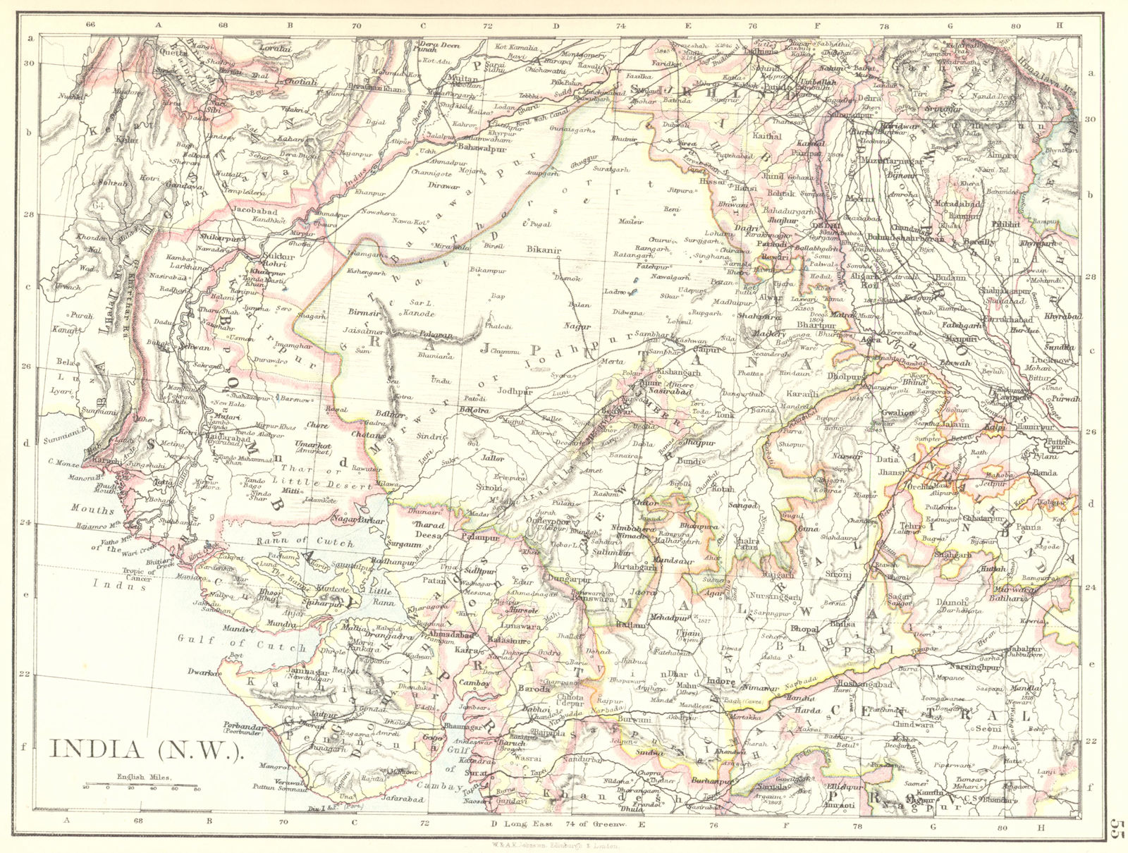 BRITISH INDIA NW. Rajputana (Rajasthan) Sindh Gujarat Malwa. JOHNSTON 1899 map
