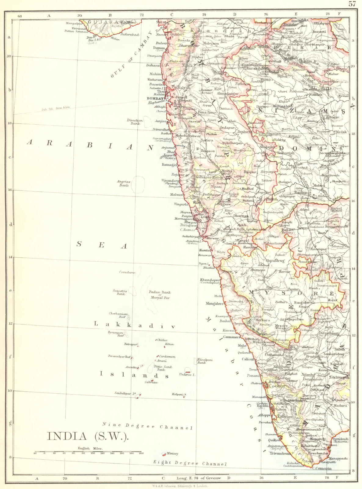 Associate Product BRITISH INDIA SW.Bombay Mysore Malabar Coast Lakkadives. JOHNSTON 1899 old map
