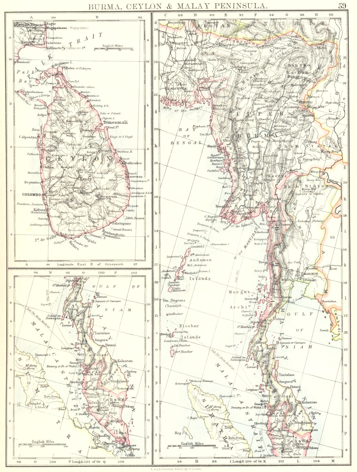BURMA CEYLON MALAY PENINSULA. Straits settlements. Singapore. Siam 1899 map