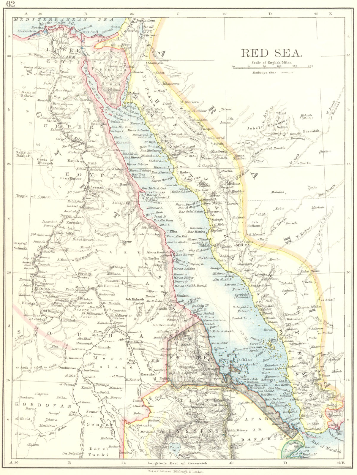 RED SEA. Egypt Eritrea Hedjaz Asir Yemen. Nile valley. Sinai. JOHNSTON 1899 map