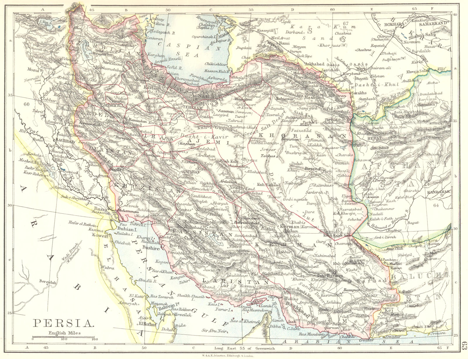 PERSIA. Showing provinces. Iran. Persian Gulf. Bushire. JOHNSTON 1899 old map