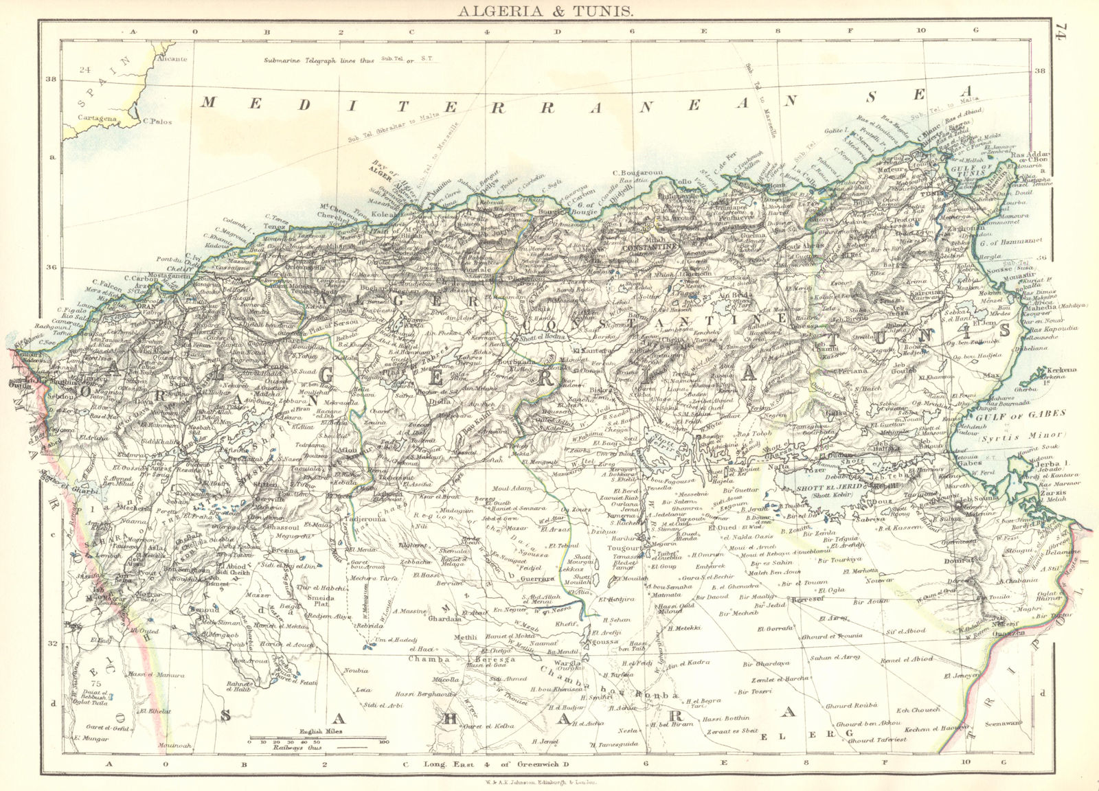 ALGERIA & TUNIS. Maghreb Tunisia. Provinces. Telegraph cables.JOHNSTON 1899 map