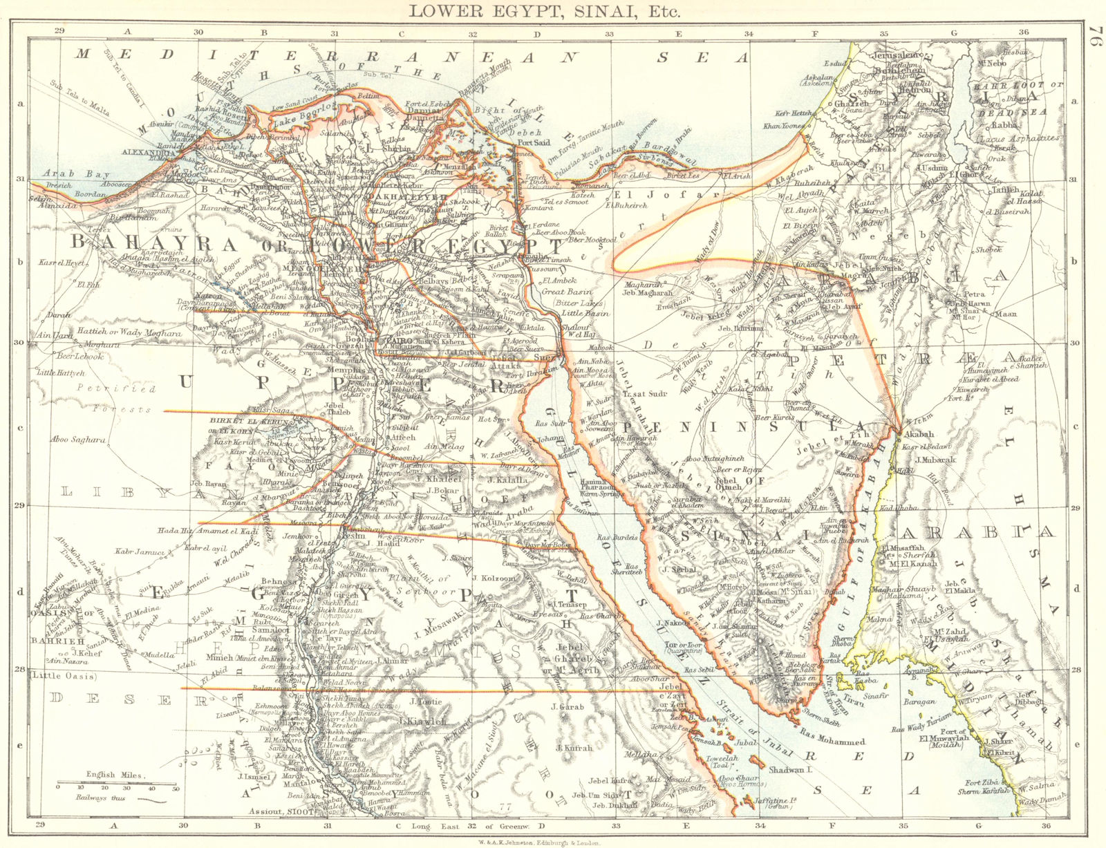LOWER EGYPT & SINAI. Provinces. Nile valley/delta. Railways. JOHNSTON 1899 map
