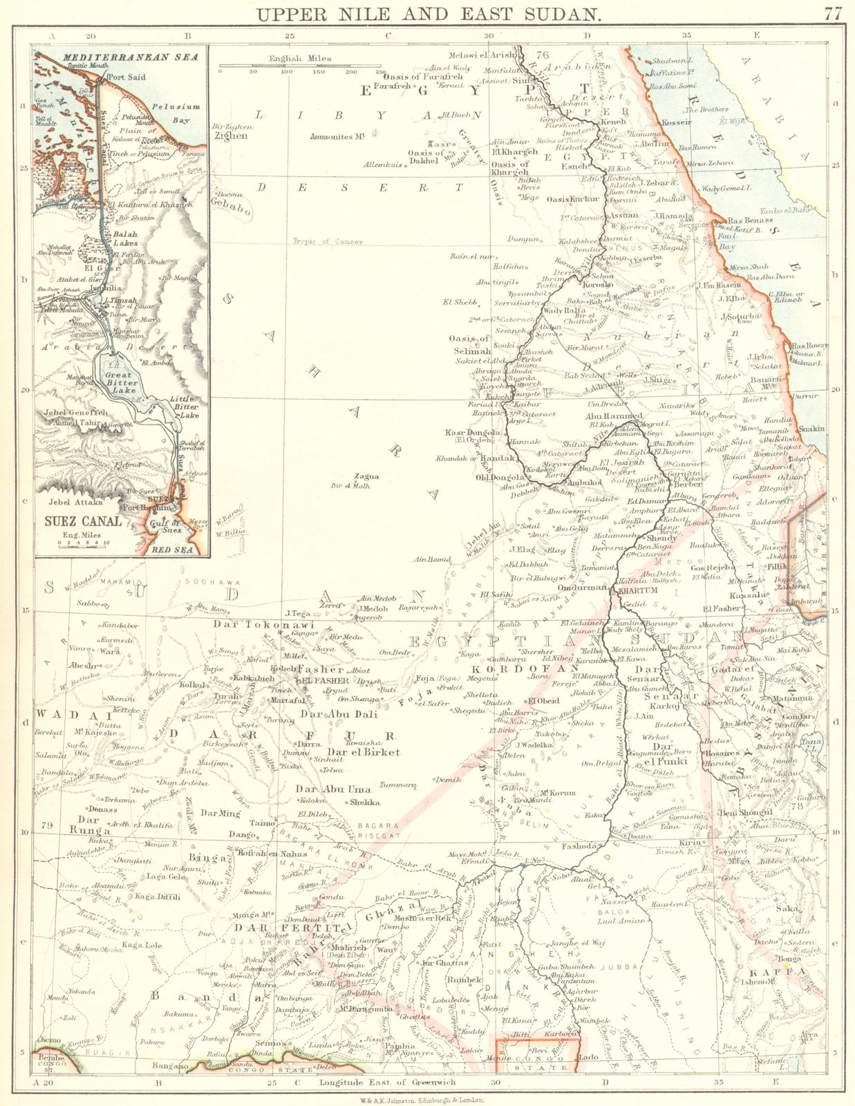 UPPER NILE, EAST SUDAN & SUEZ CANAL. Khartoum.White/Blue Nile.JOHNSTON 1899 map