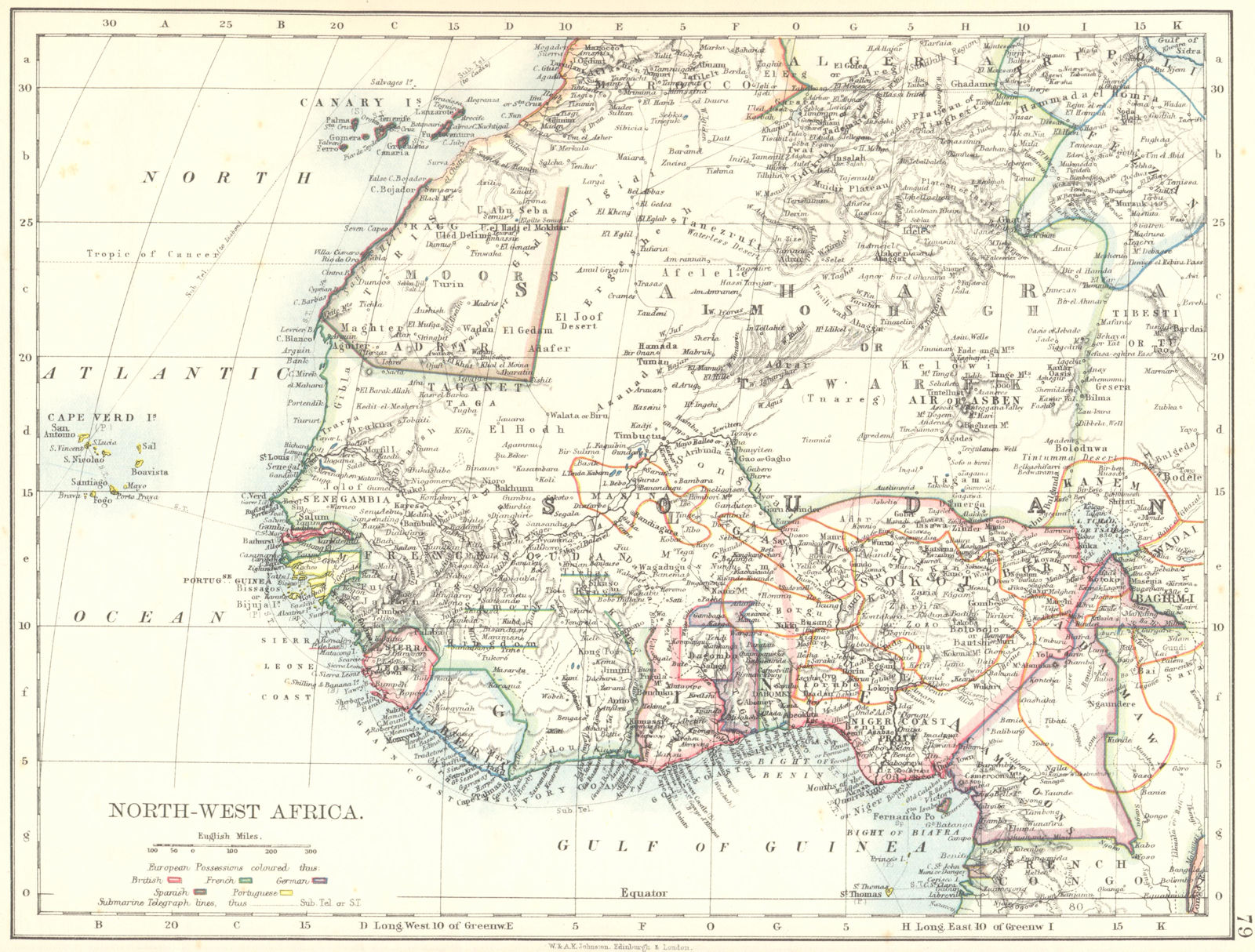 COLONIAL WEST AFRICA. Tribal areas. Caravan routes. Niger Coast Prot. 1899 map