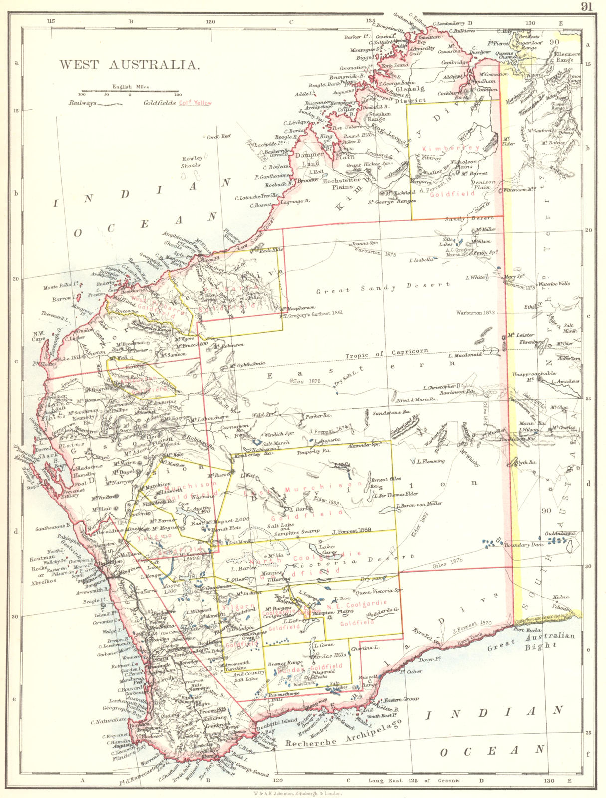 WEST AUSTRALIA. Goldfields Explorers route Giles Forrest Warburton Roe 1899 map