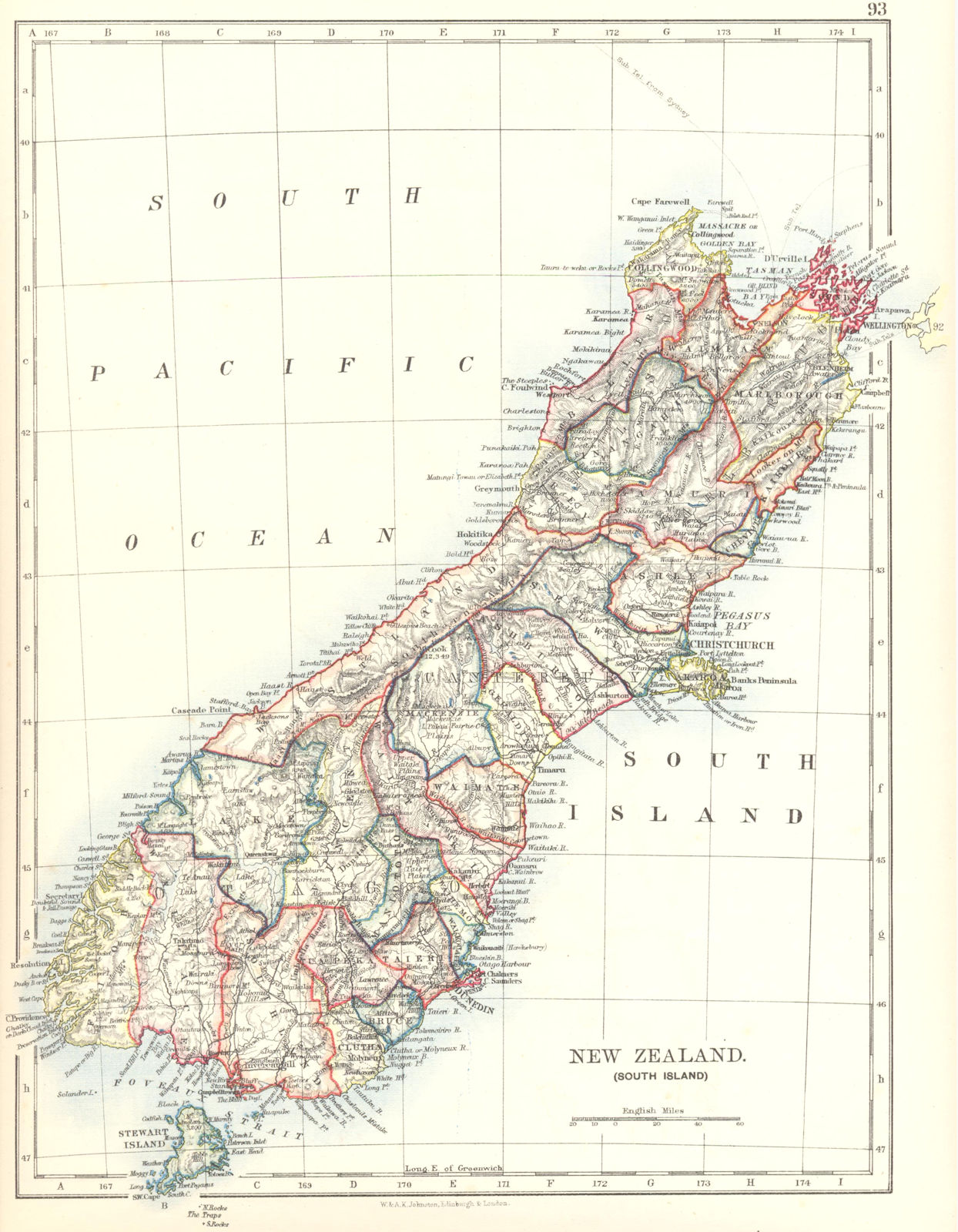 SOUTH ISLAND NEW ZEALAND. Showing counties. Telegraph cables. JOHNSTON 1899 map