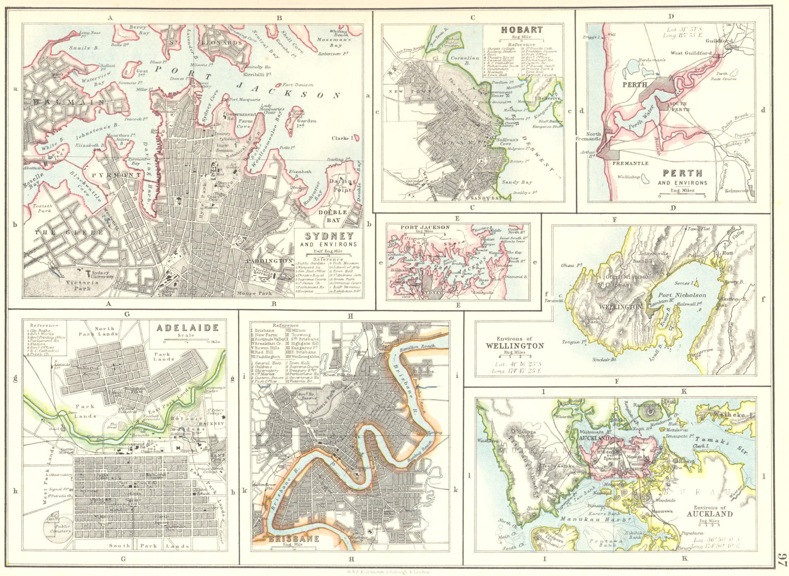AUSTRALIA NZ CITIES. Sydney Hobart Perth Adelaide Brisbane Auckland 1899 map