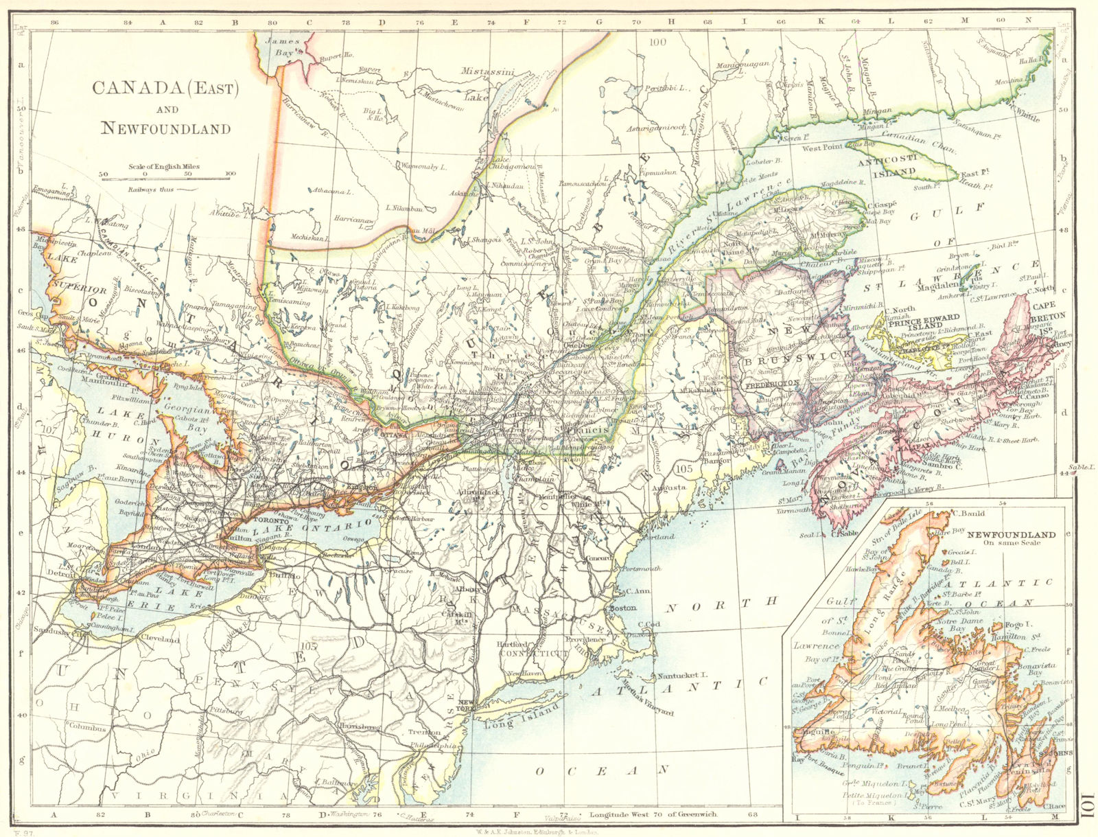 Associate Product EASTERN CANADA. Ontario Quebec Maritime Provinces NB PE NS. JOHNSTON 1899 map