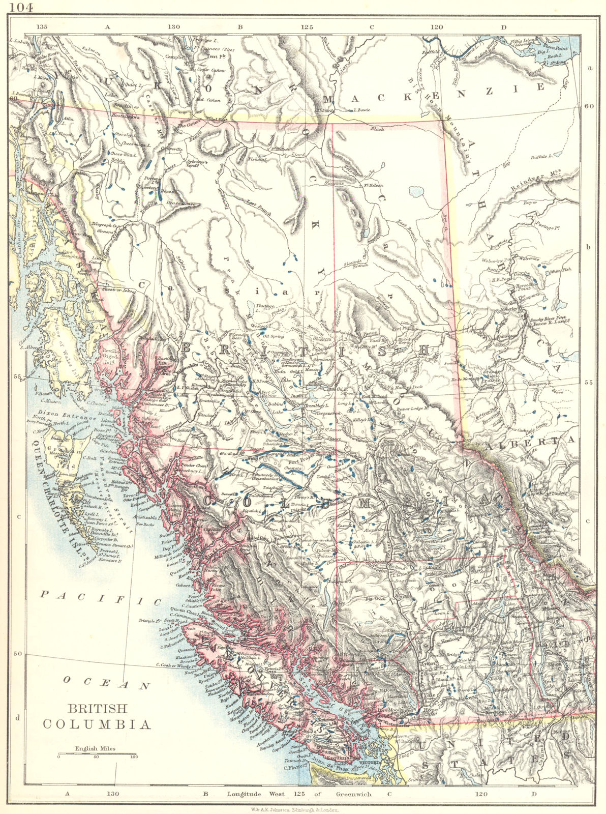 BRITISH COLUMBIA. Province map. Railroads. Vancouver island. JOHNSTON 1899